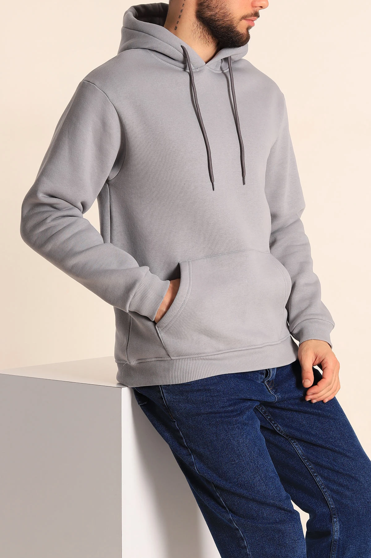 Füme Üç İp Şardonlu Kapüşonlu Basic Erkek Sweatshirt 226426