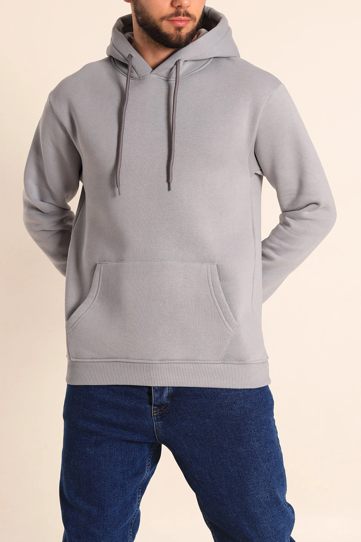 Füme Üç İp Şardonlu Kapüşonlu Basic Erkek Sweatshirt 226426