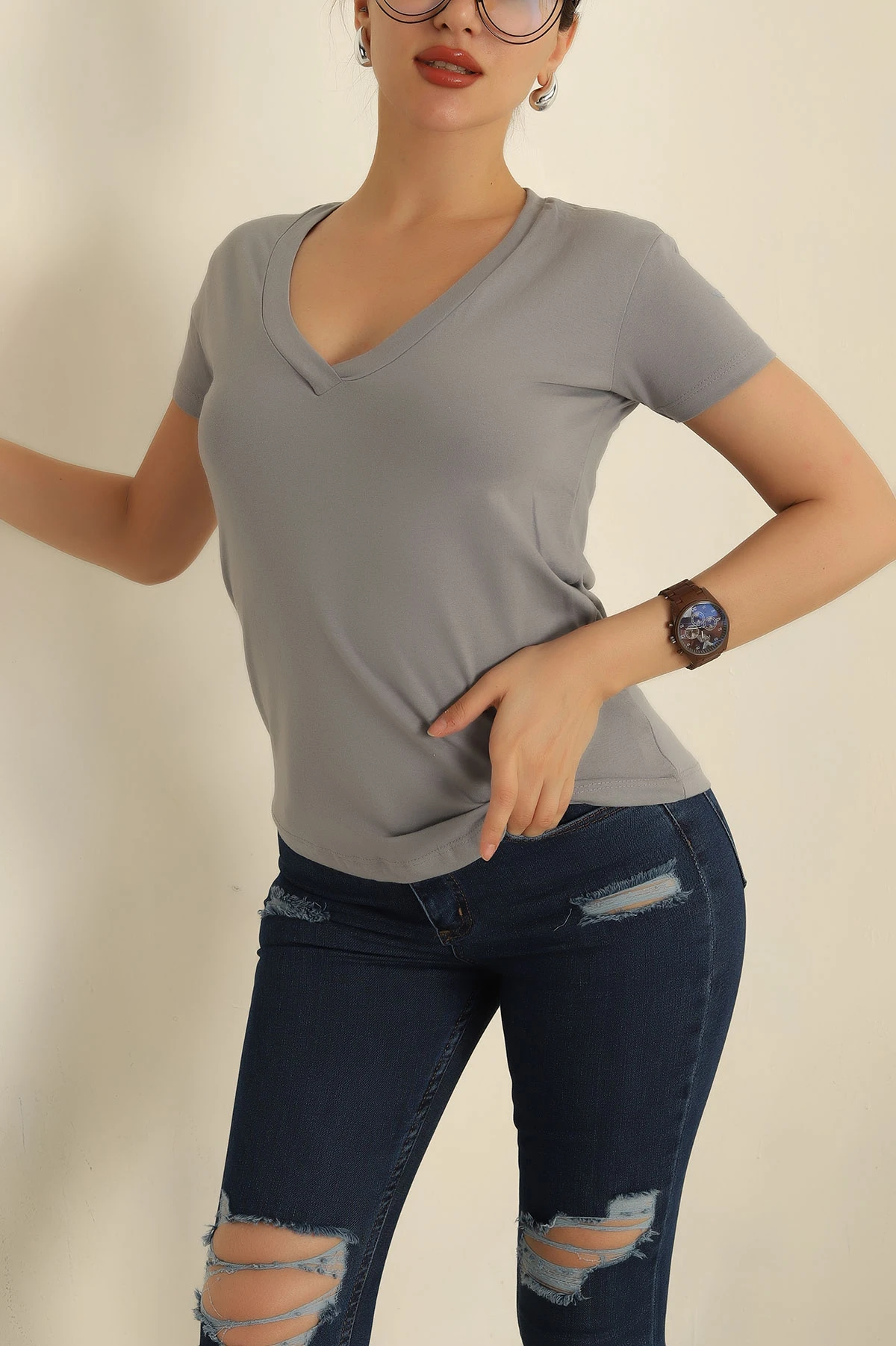 Füme V Yaka Bayan Tişört 269618