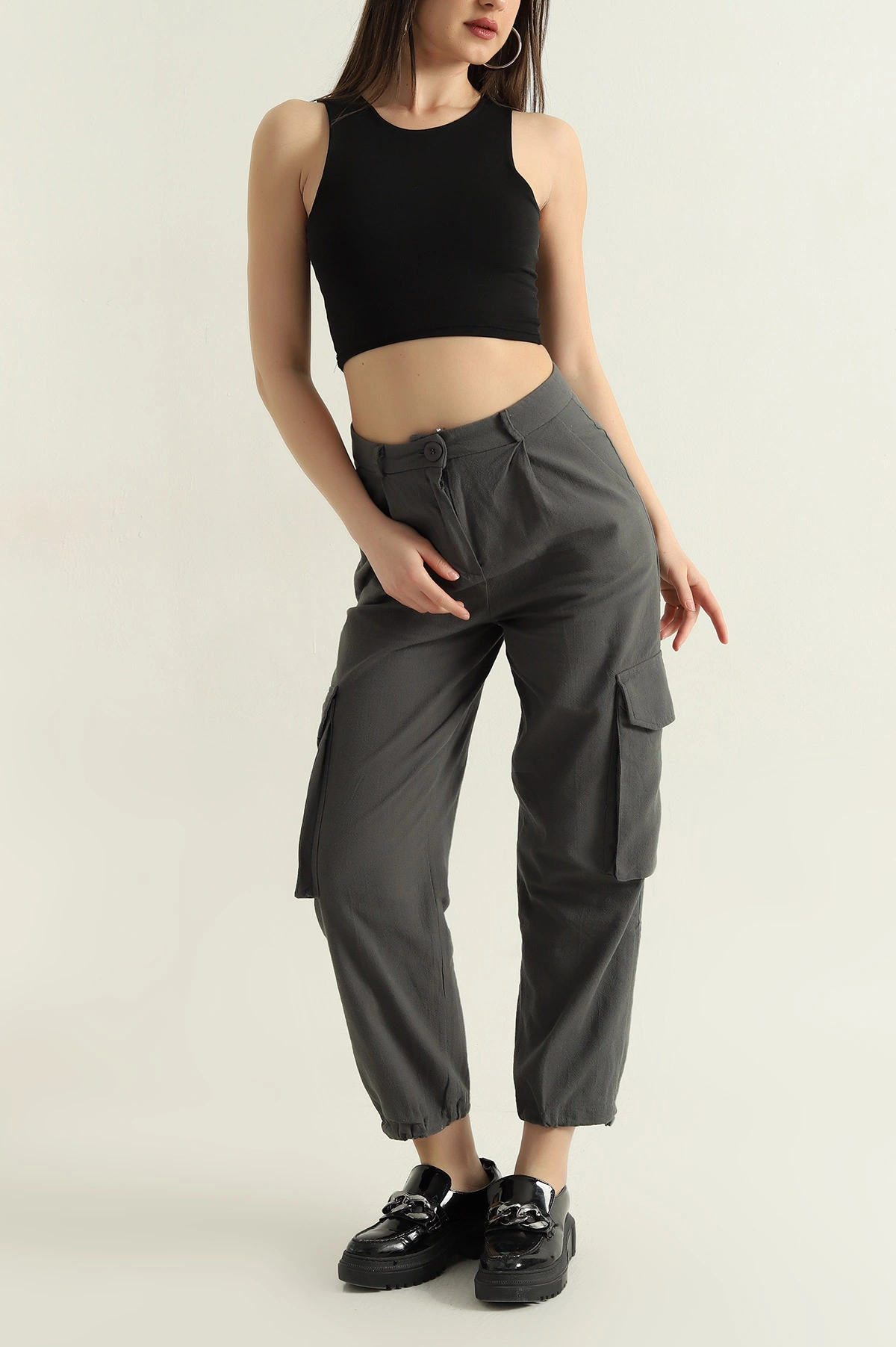 Füme Yağmur Gabardin Kadın Kargo Pantolon 361374