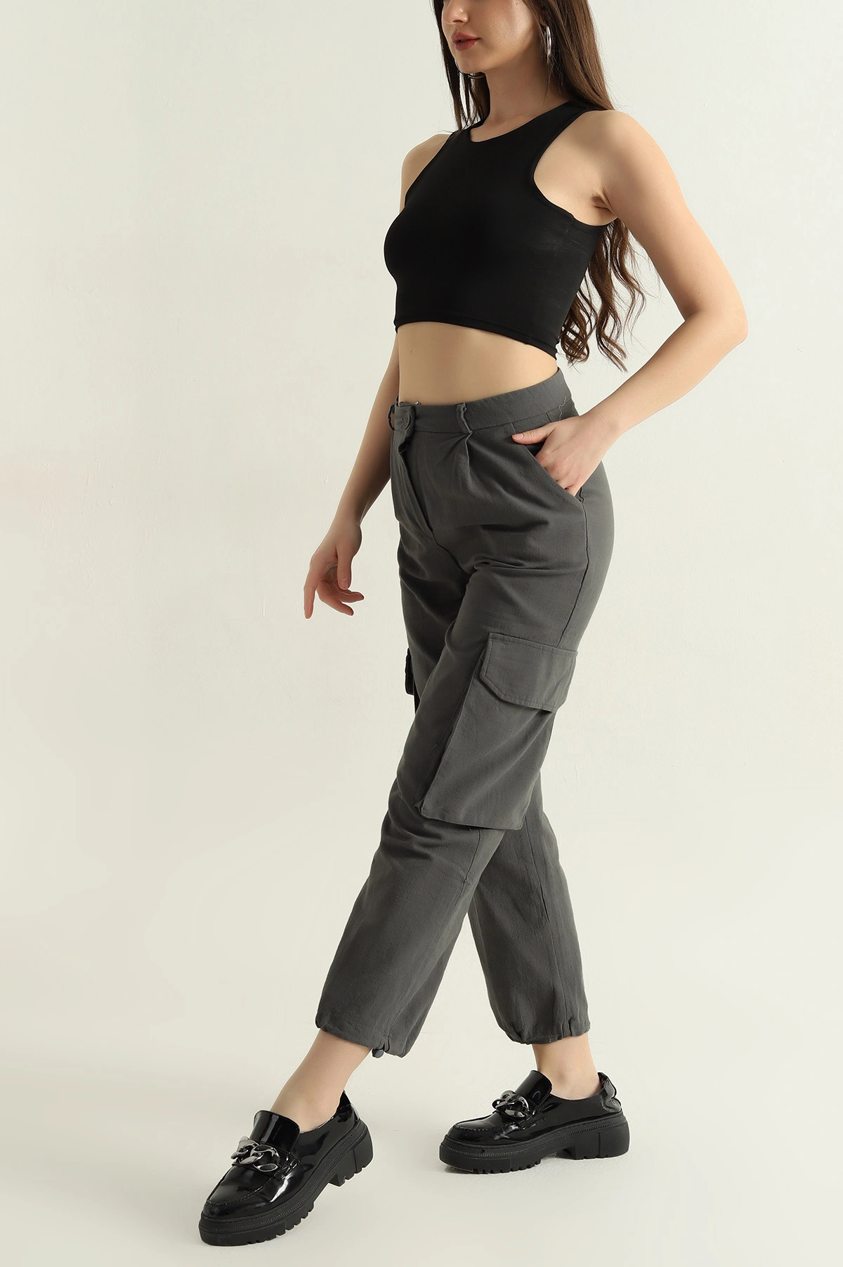 Füme Yağmur Gabardin Kadın Kargo Pantolon 361374