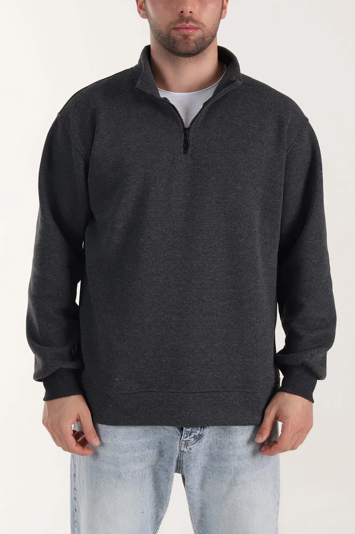Füme Yarım Fermuarlı Dik Yaka Erkek Sweatshirt 413425