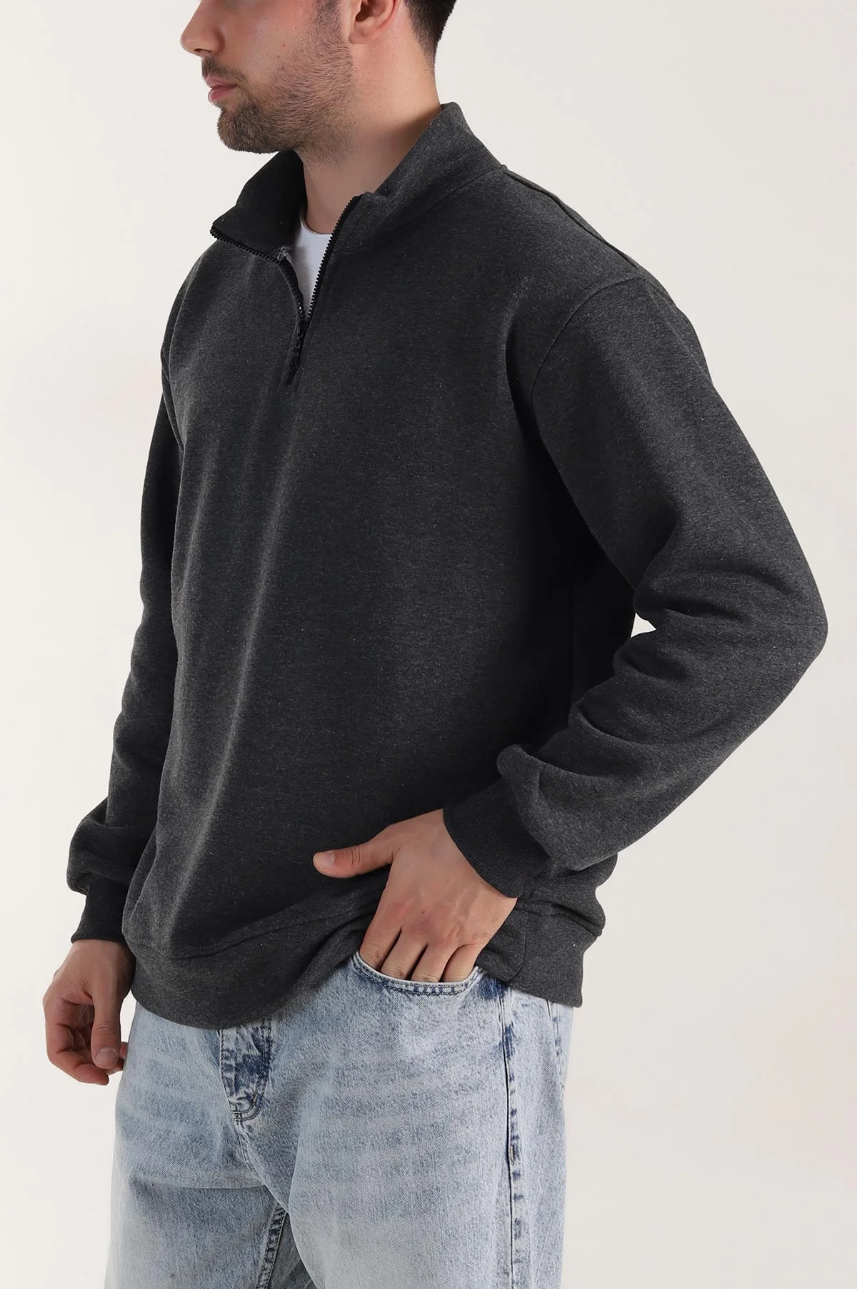 Füme Yarım Fermuarlı Dik Yaka Erkek Sweatshirt 413425