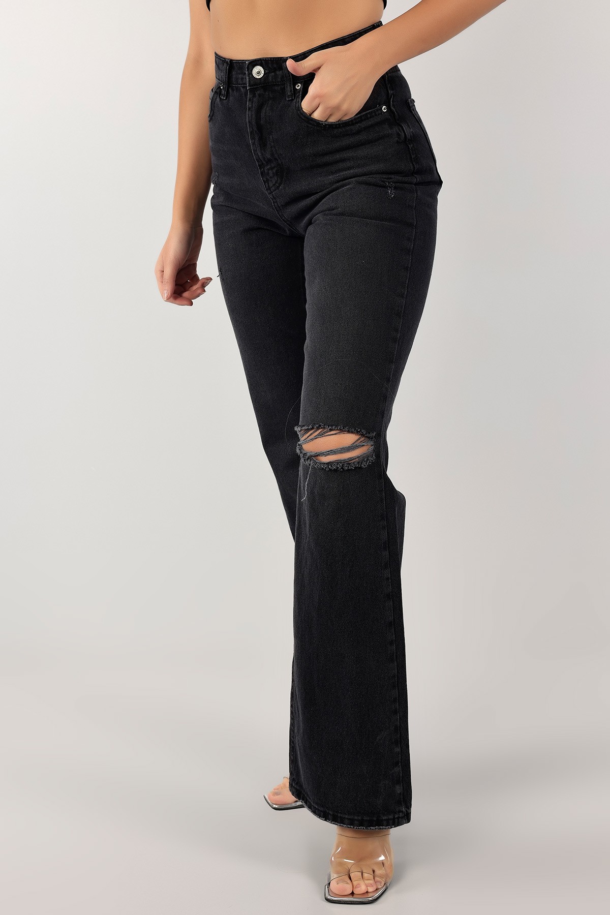 Füme Yırtık Bol Paça Bayan Kot Pantolon 128539