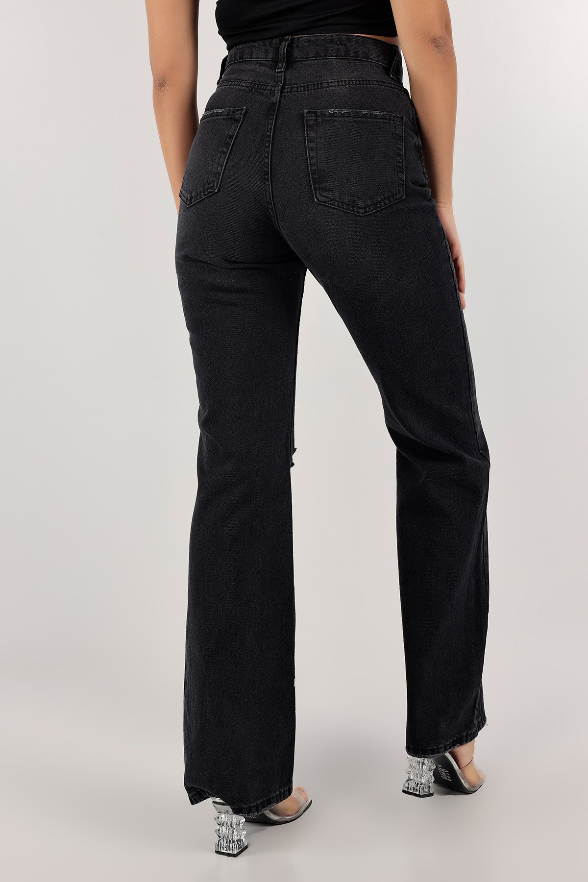 Füme Yırtık Bol Paça Bayan Kot Pantolon 128539