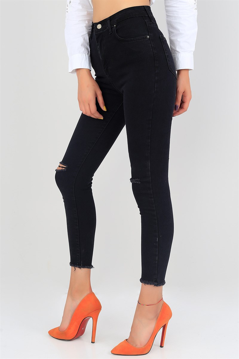 Füme Yırtık Paça ve Diz Likralı Kot Pantolon 37897