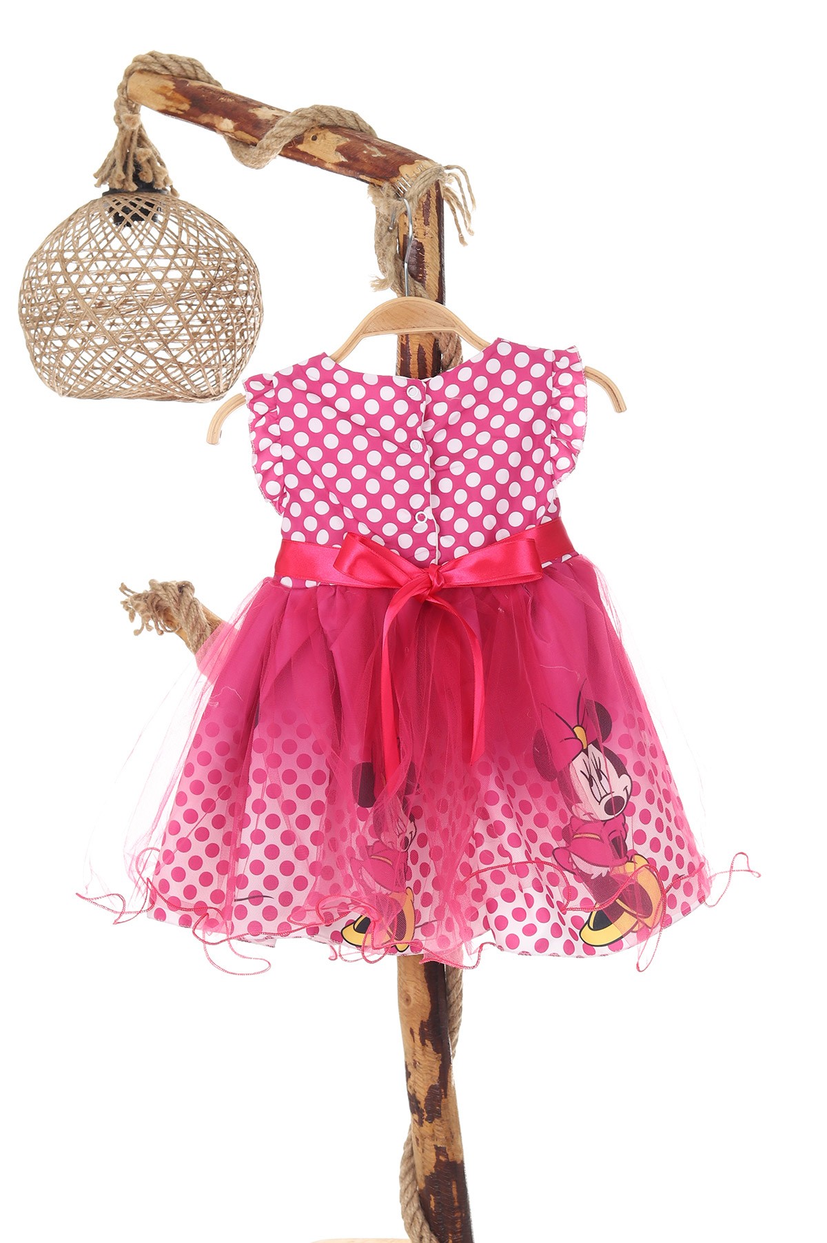 Fuşya (1-4 Yaş) Kol Fırfırlı Puanlı Fare Baskılı Bel Kuşaklı Kız Çocuk Elbise 169190