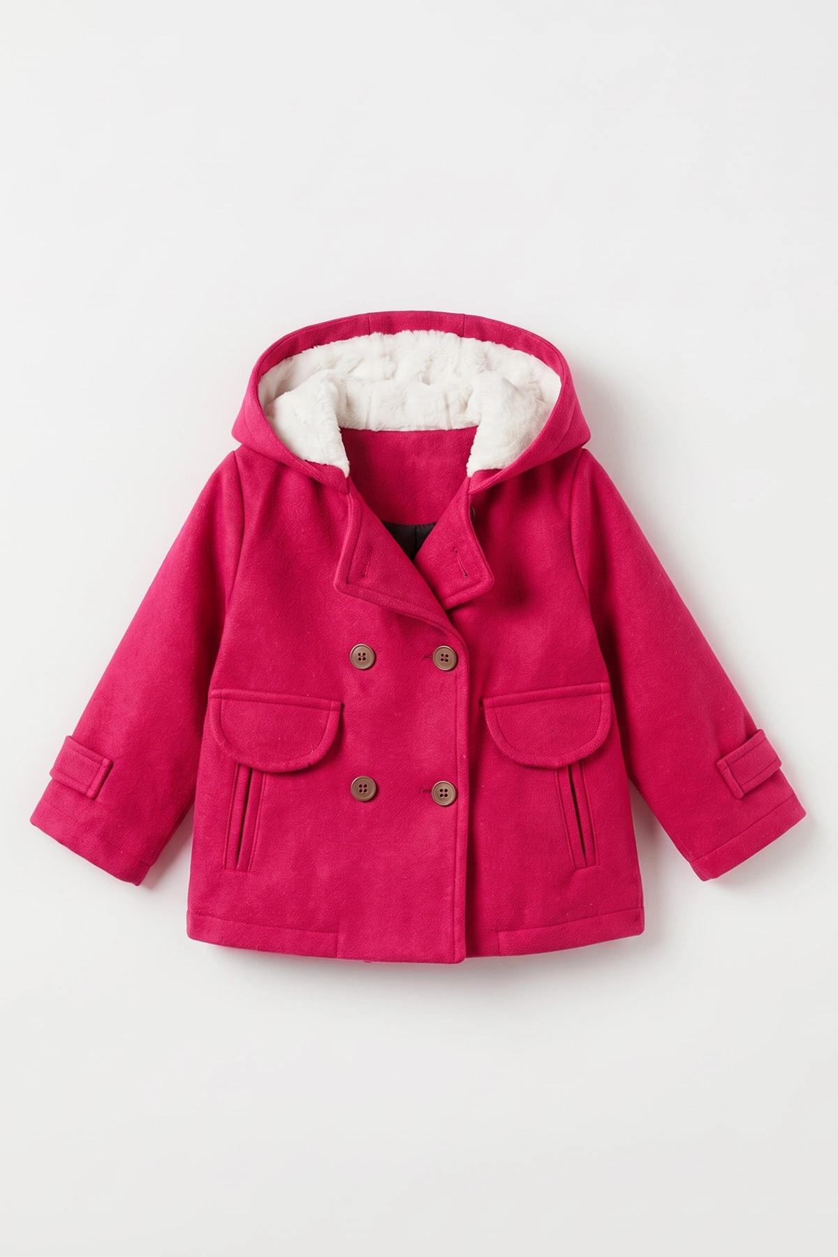 Fuşya (1-5 Yaş) Fleto Cepli Kapüşonlu Kaşe Kız Bebek&Çocuk Mont 498788