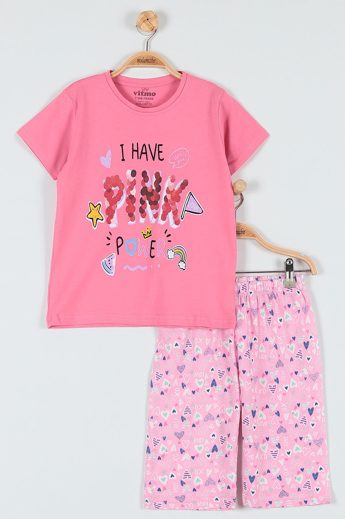 Fuşya (10-12 Yaş) Pink Baskılı Kaprili KIz Çocuk Pijama Takımı 182031