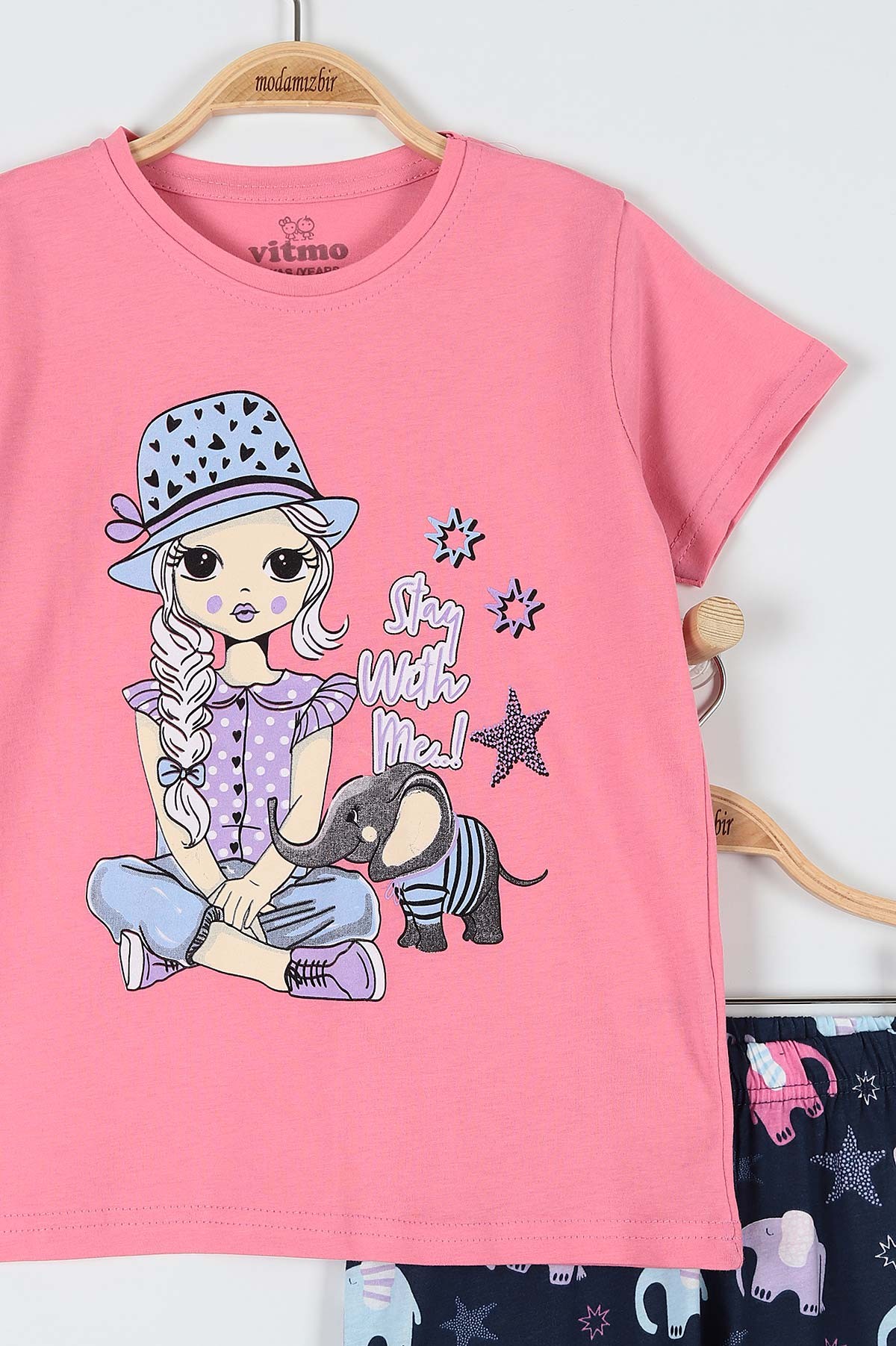 Fuşya (10-12 Yaş) Yıldız Fil Baskılı Kaprili KIz Çocuk Pijama Takımı 182042