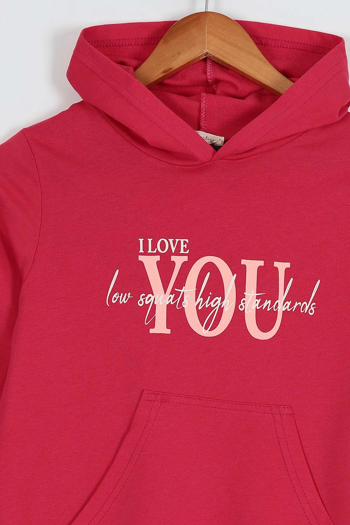 Fuşya (10-13 Yaş) I Love You Baskılı İki İp Kapüşonlu İspanyol Paça Kız Çocuk Takım 203153