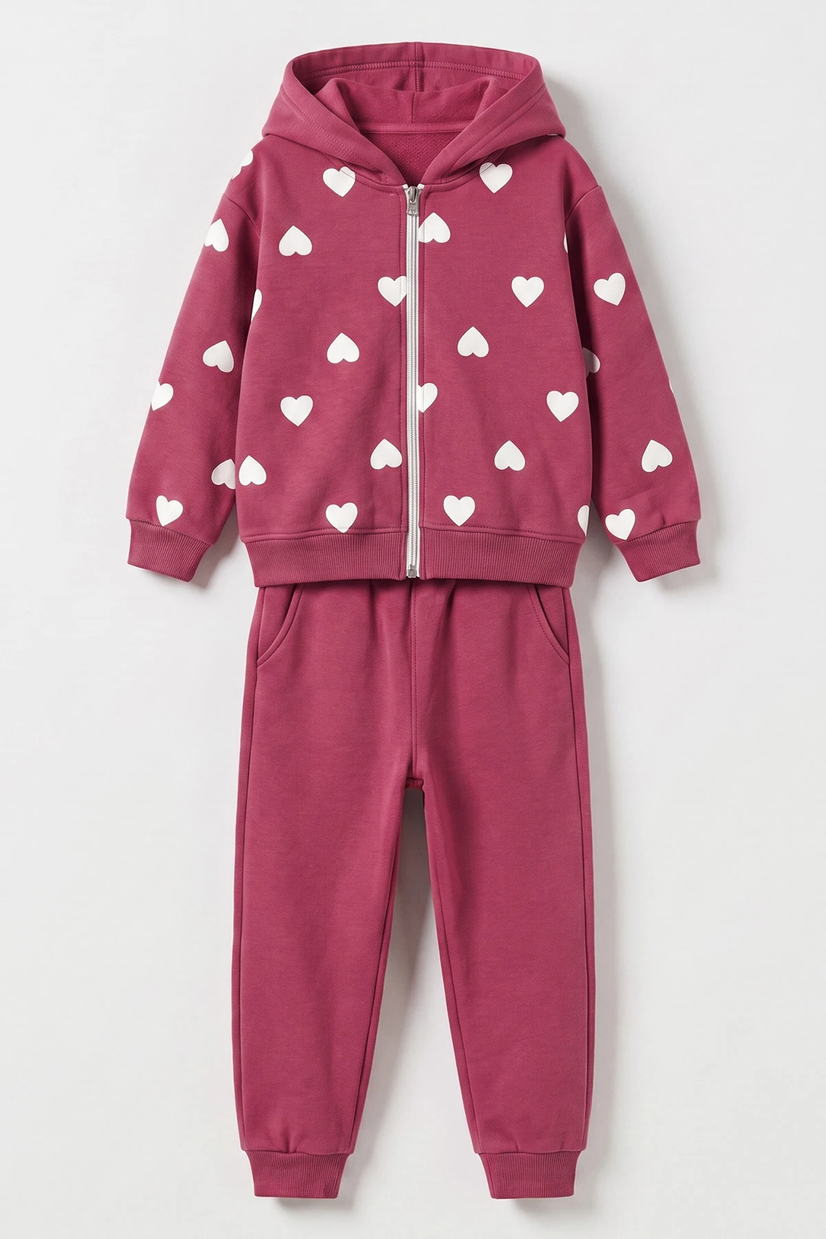 Fuşya (3-10 Yaş)Kalp  Baskılı Fermuarlı Kapüşonlu 3 İp Şardonlu Kız Çocuk Kışlık Takım 488768