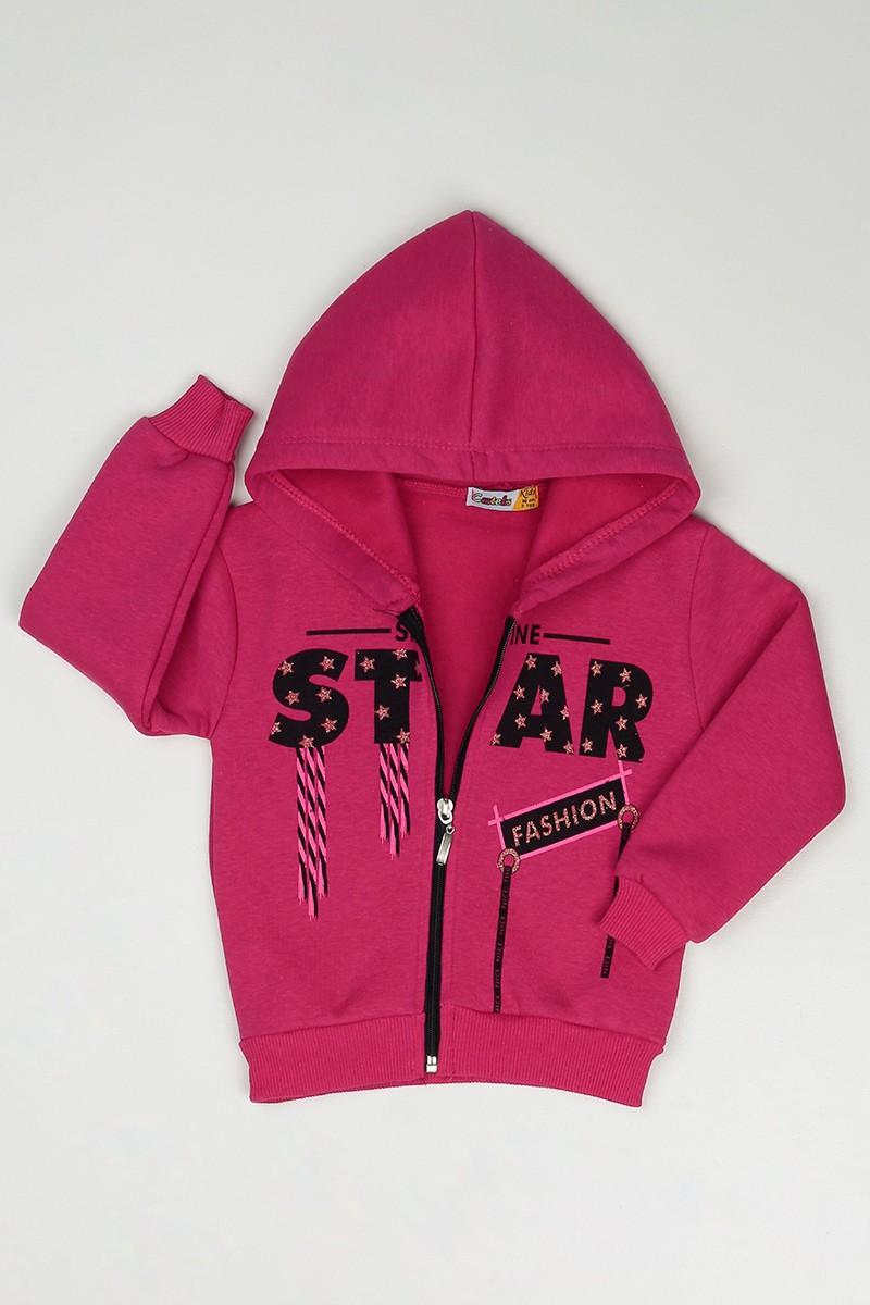Fuşya (3-12 Yaş) Star Baskılı İçi Şardonlu Kız Çocuk Sweatshirt 90771
