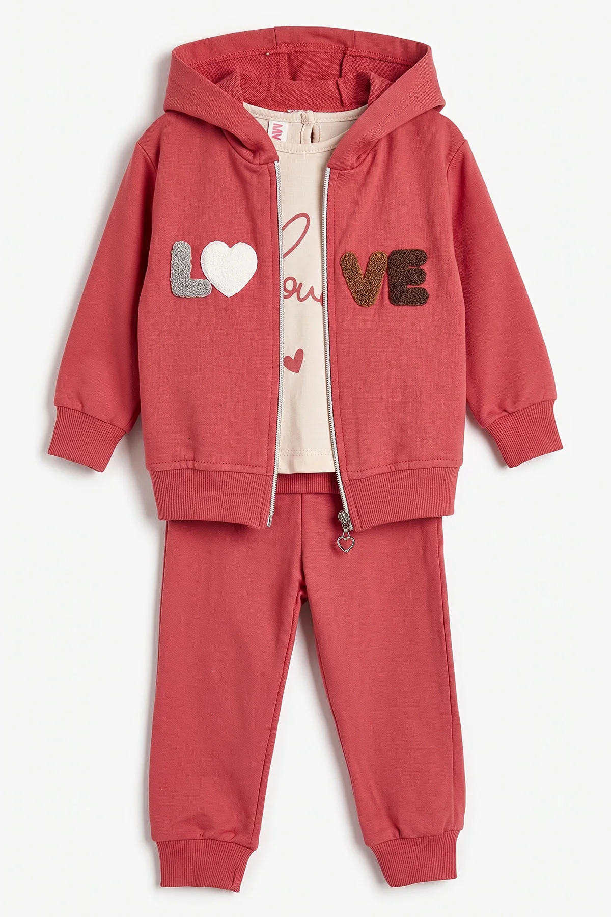 Fuşya (3-18 Ay) Love Nakışlı 3'lü Kapüşonlu Kız Bebek Takım 475898