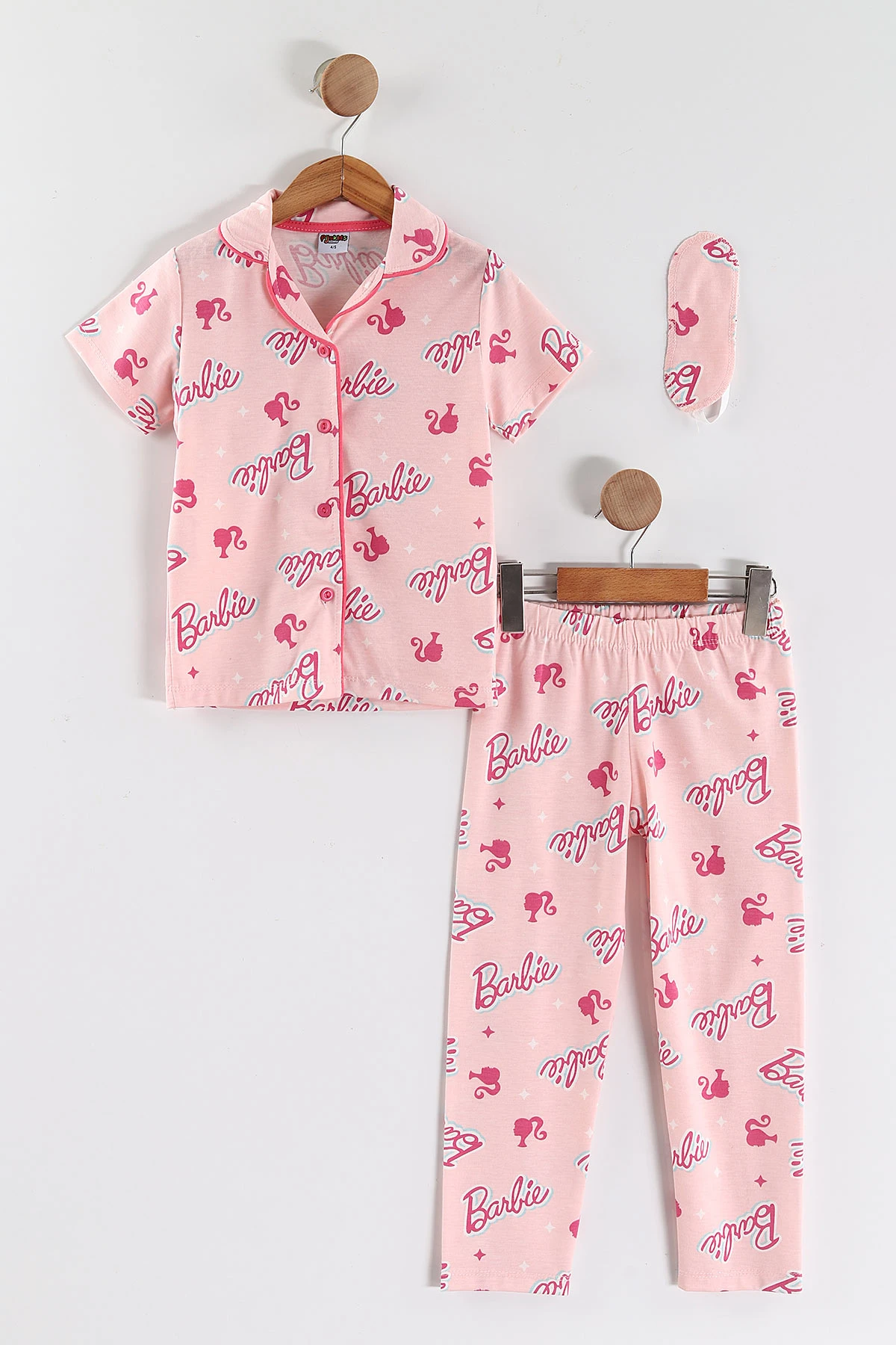 Fuşya (4-12 Yaş) Baskılı Kısa Kol Ön Düğmeli Göz Bandı Detaylı Kız Çocuk Pijama Takım 453259
