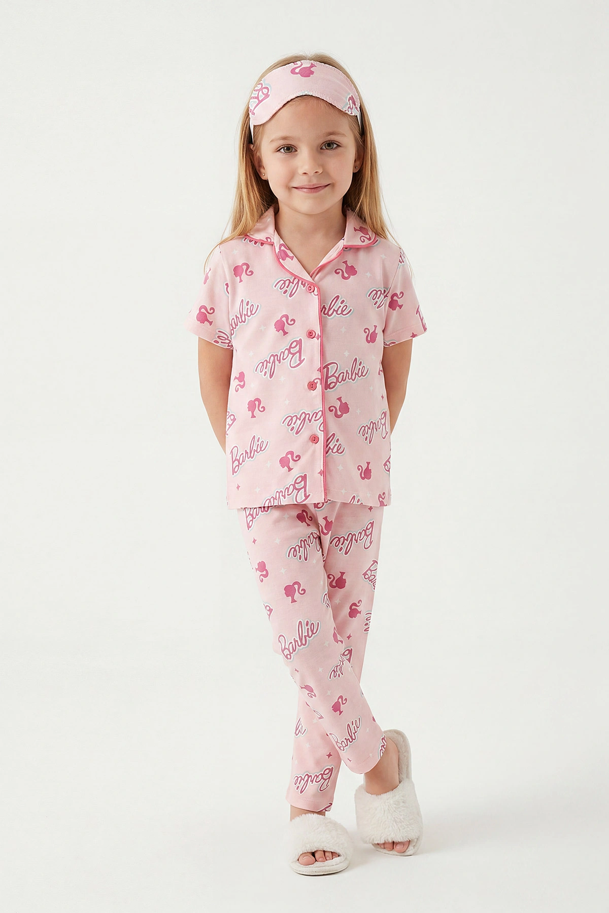 Fuşya (4-12 Yaş) Baskılı Kısa Kol Ön Düğmeli Göz Bandı Detaylı Kız Çocuk Pijama Takım 453259
