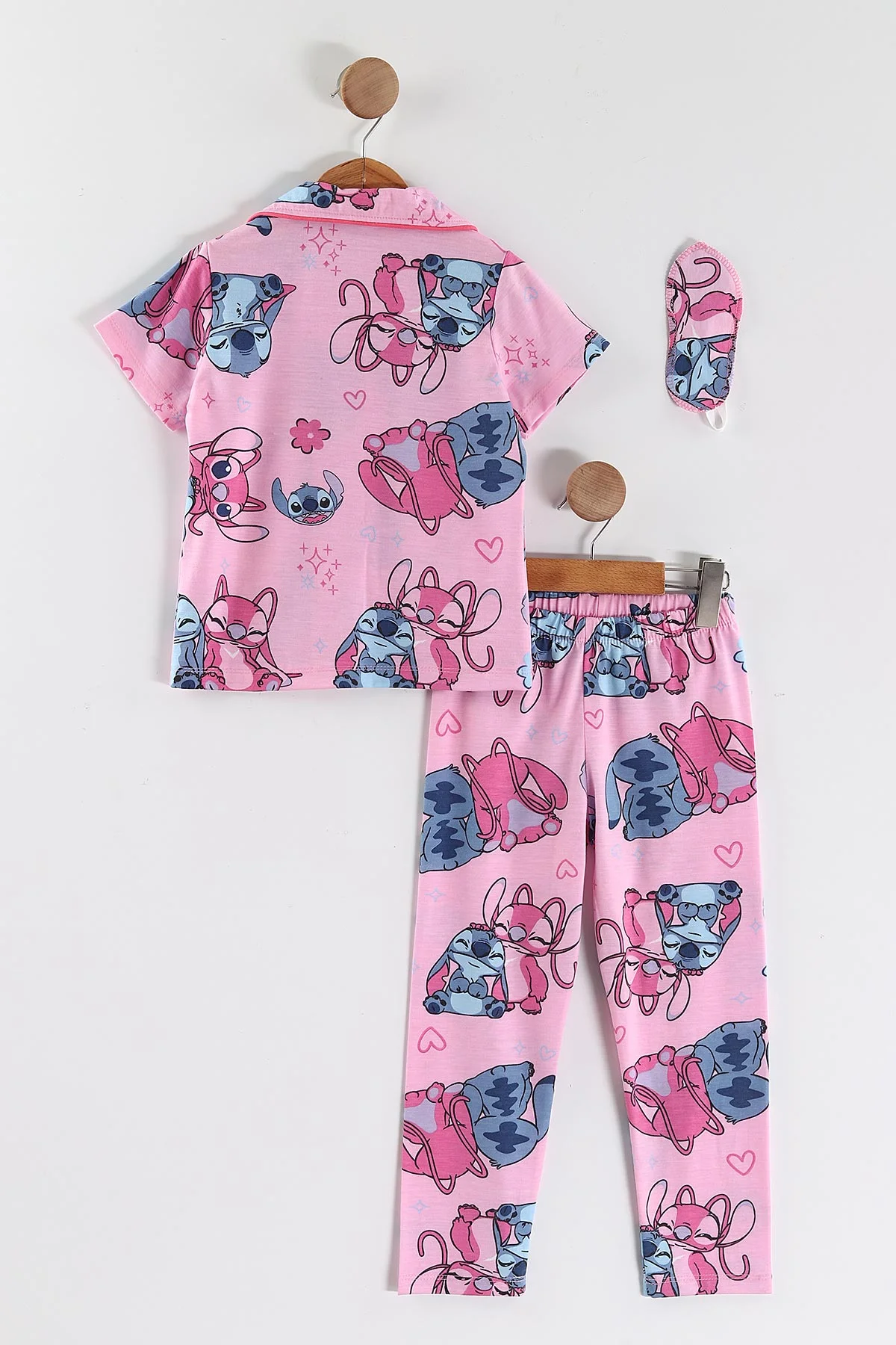 Fuşya (4-12 Yaş)Karakter  Baskılı Kısa Kol Ön Düğmeli Göz Bandı Detaylı Kız Çocuk Pijama Takım 453246
