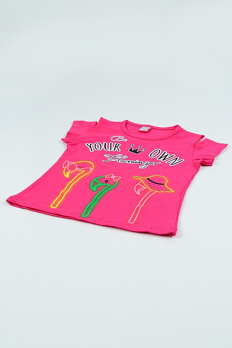 Fuşya (5-8 yaş) Flamingo Baskılı Kız Çocuk Tşört 105054