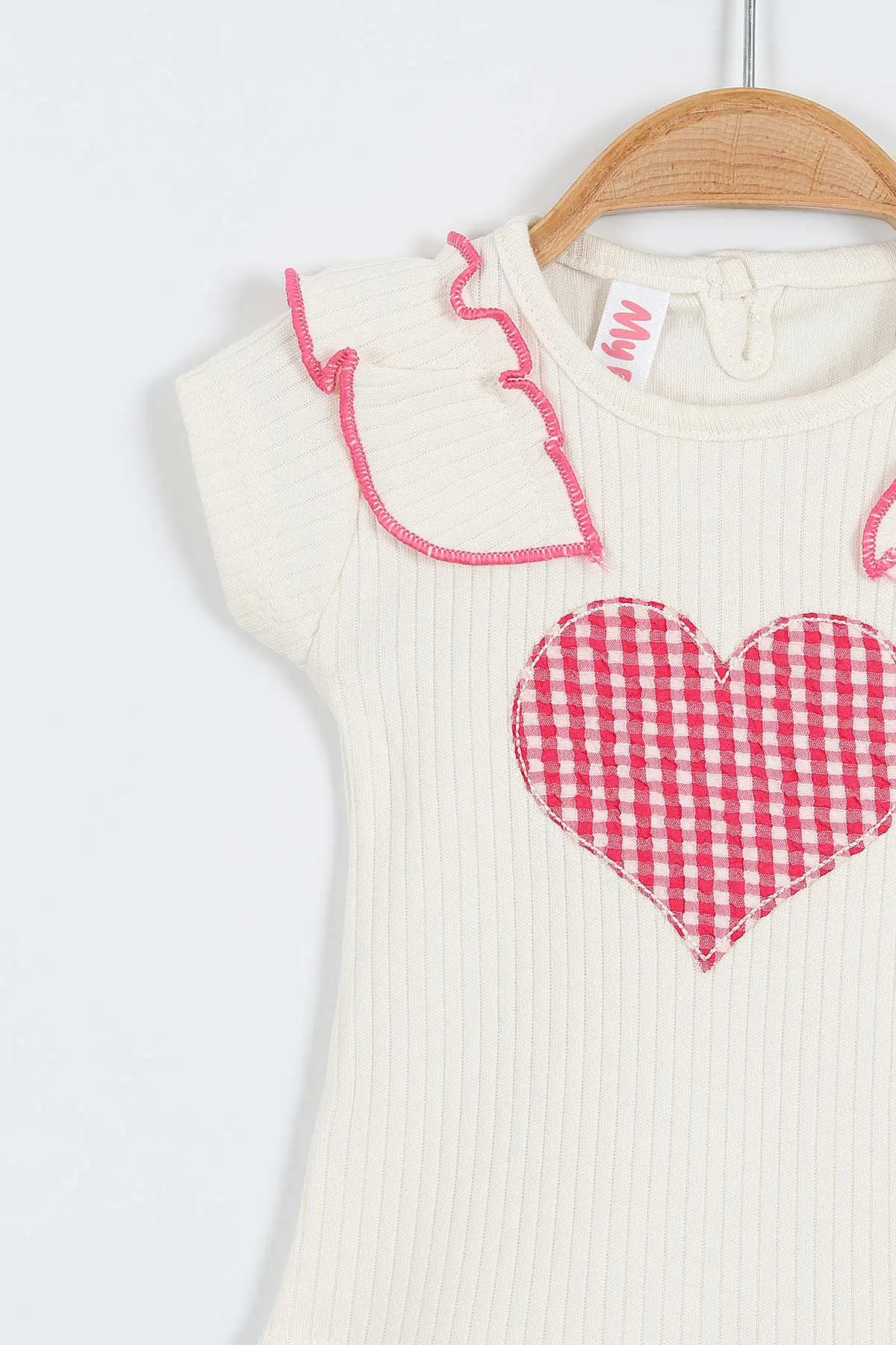 Fuşya (6-18 Ay)Kalp Nakışlı Ekose Desen Kız Bebek Yazlık Takım 357472