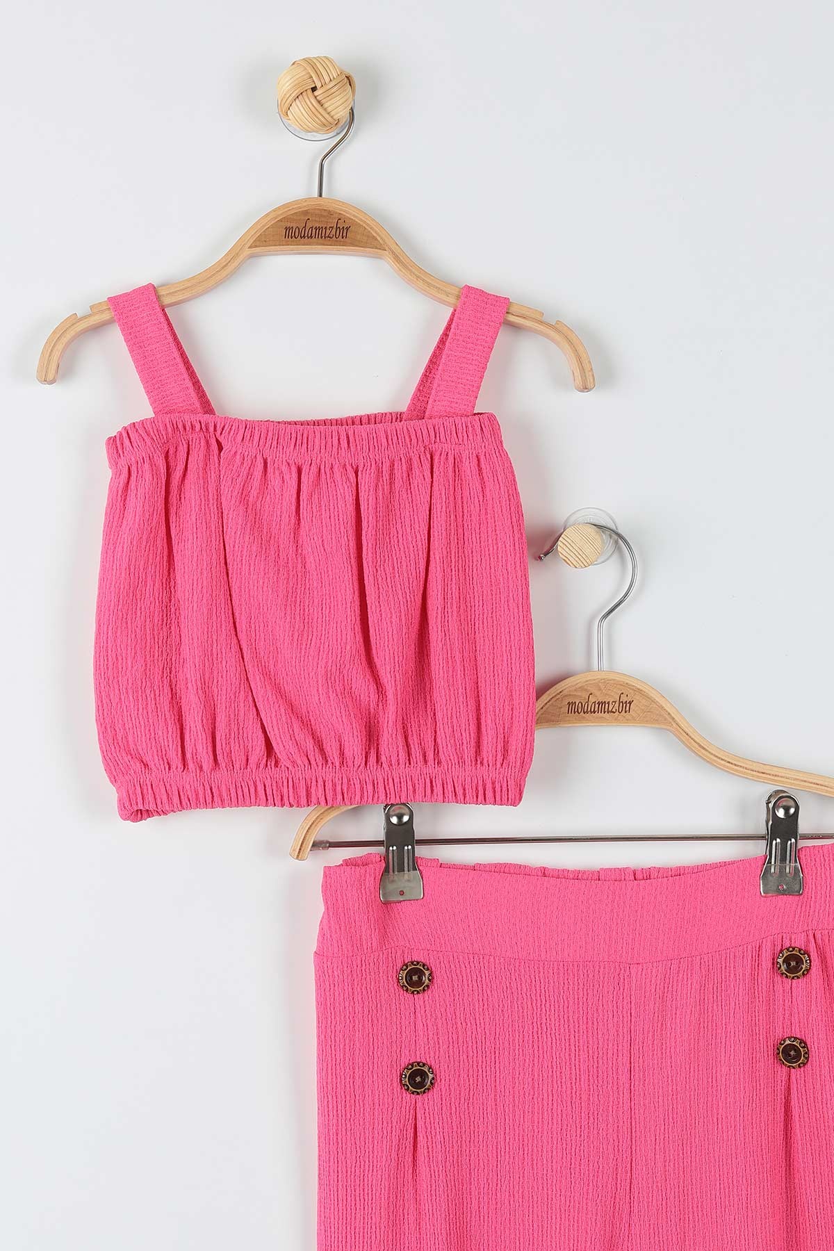 Fuşya (8-12 Yaş) Ceketli Düğmeli 3'lü Kız Çocuk Takım 174476