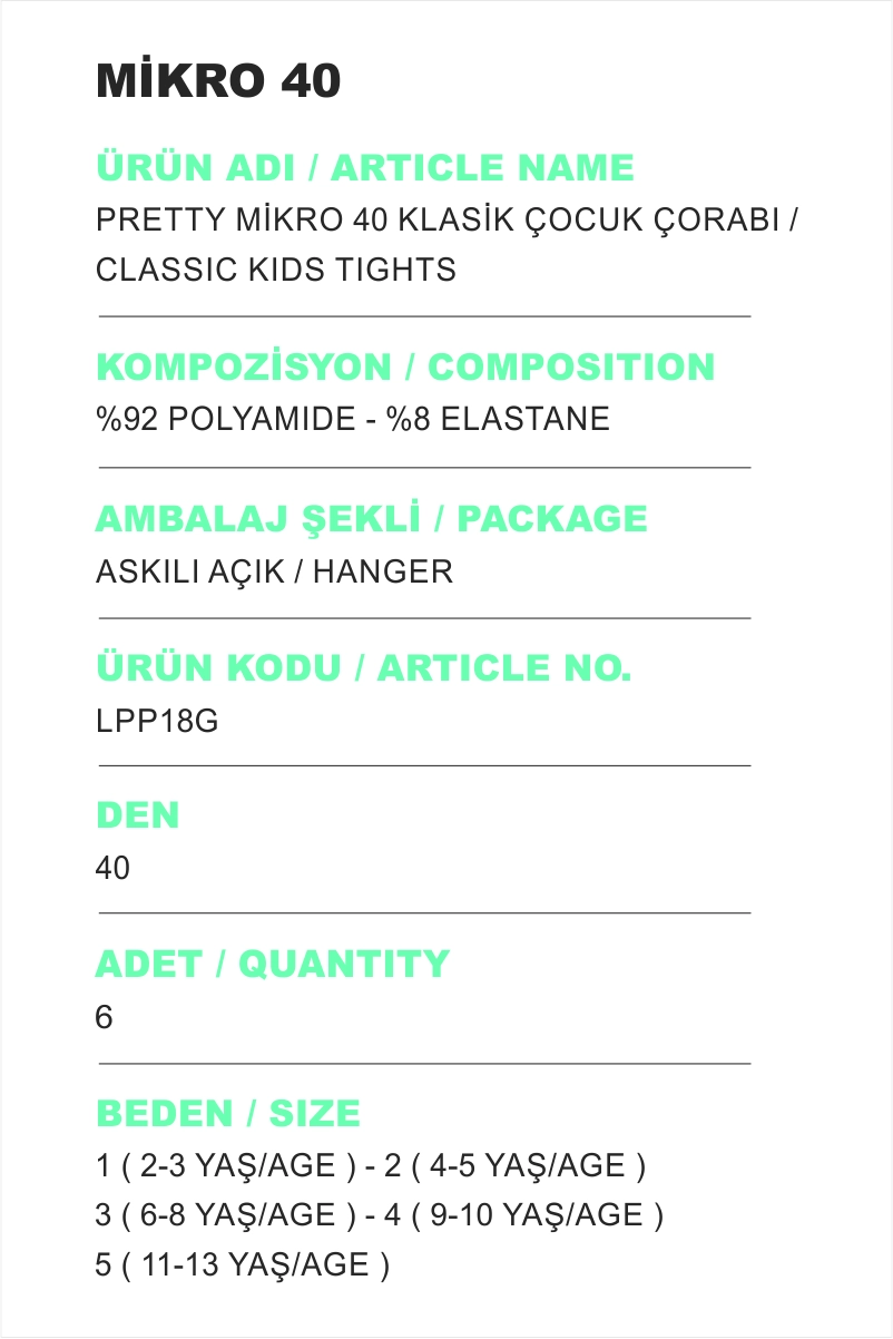 Fuşya 80 Penti  Pretty Mikro 40 Klasik Kız Çocuk Külotlu Çorap 421879