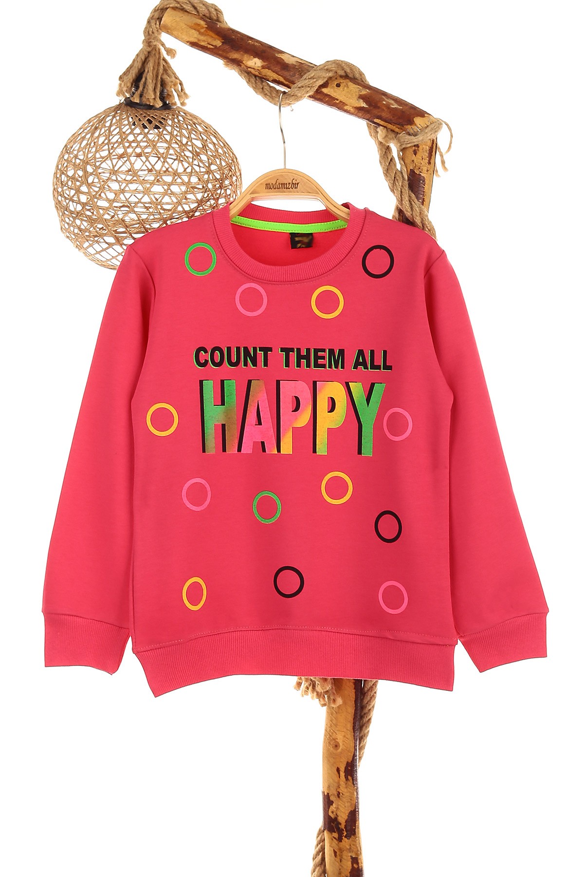 Fuşya (9-12 Yaş) Happy Baskılı Kız Çocuk Sweat 150987