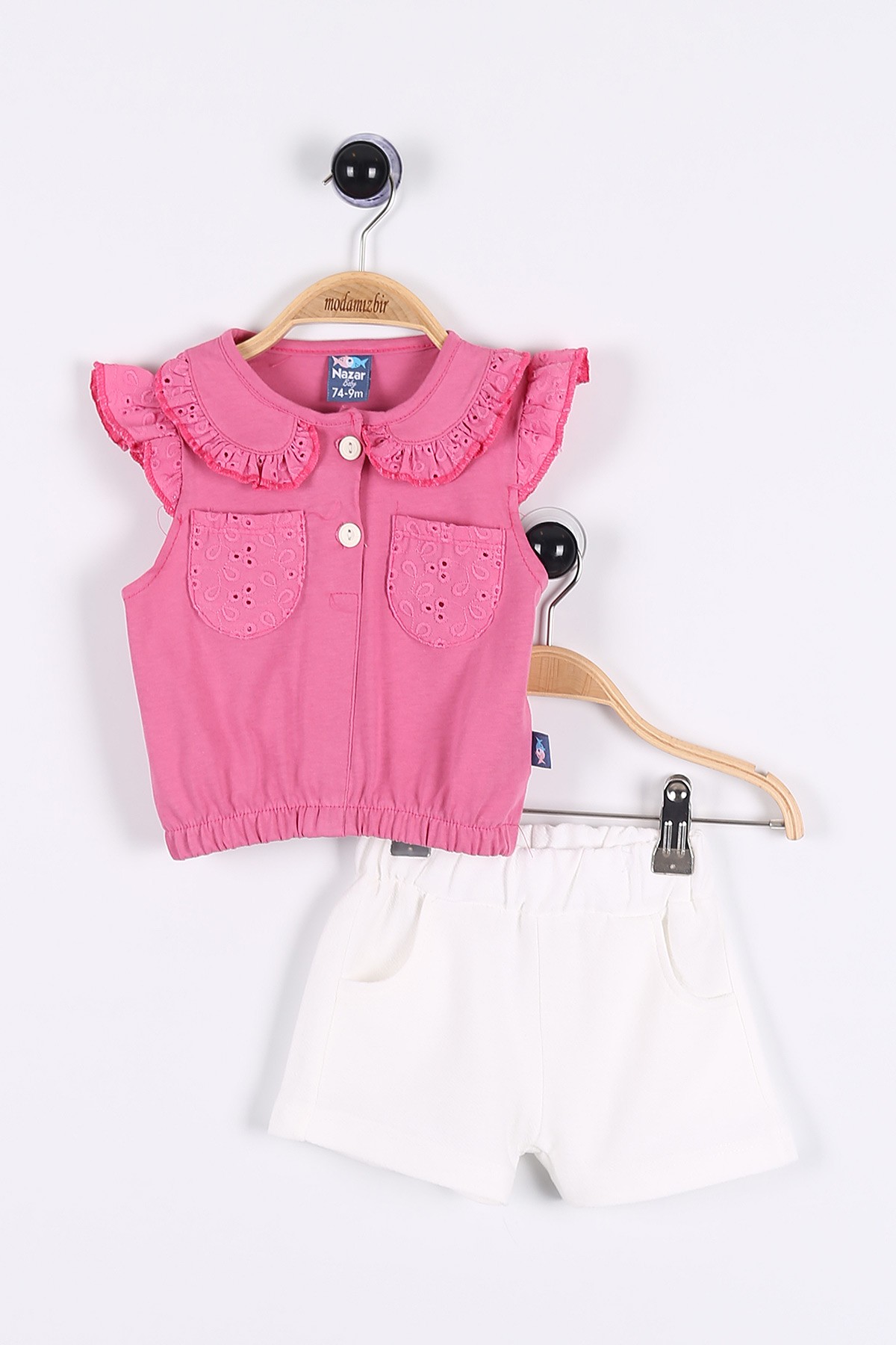 Fuşya (9-24 Ay) Çiçek Dokuma Desenli Cep Detaylı Şortlu Kız Bebe Takım 175950