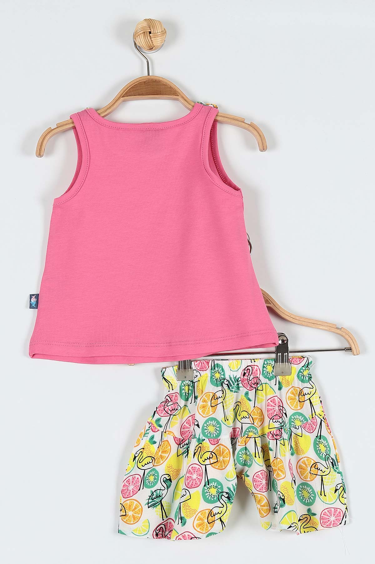 Fuşya (9-24 Ay) Flamingo Çiçek Baskılı Omuz Fiyonk Detaylı Şortlu Kız Bebe Takım 182606