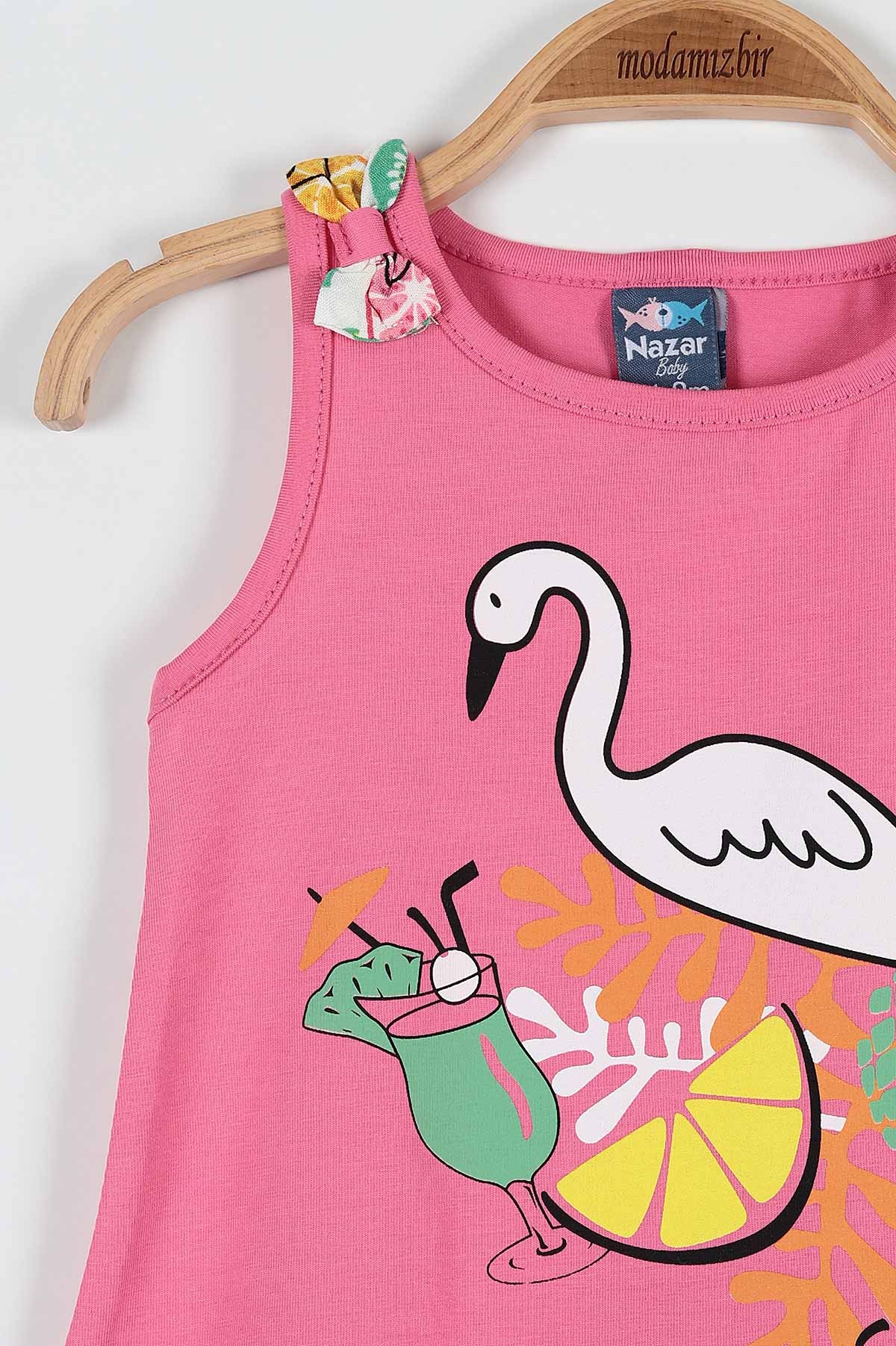 Fuşya (9-24 Ay) Flamingo Çiçek Baskılı Omuz Fiyonk Detaylı Şortlu Kız Bebe Takım 182606