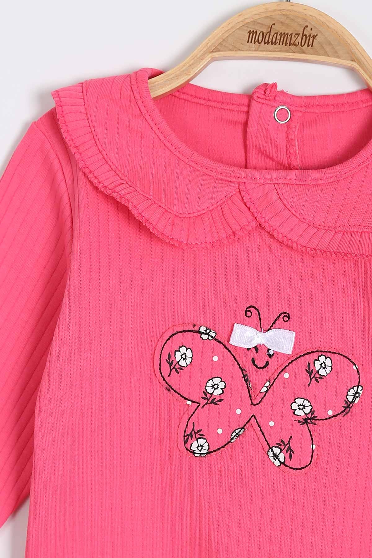 Fuşya (9-24 Ay) Kelebek Nakışlı Yaka Detaylı Kız Bebe Takım 200395