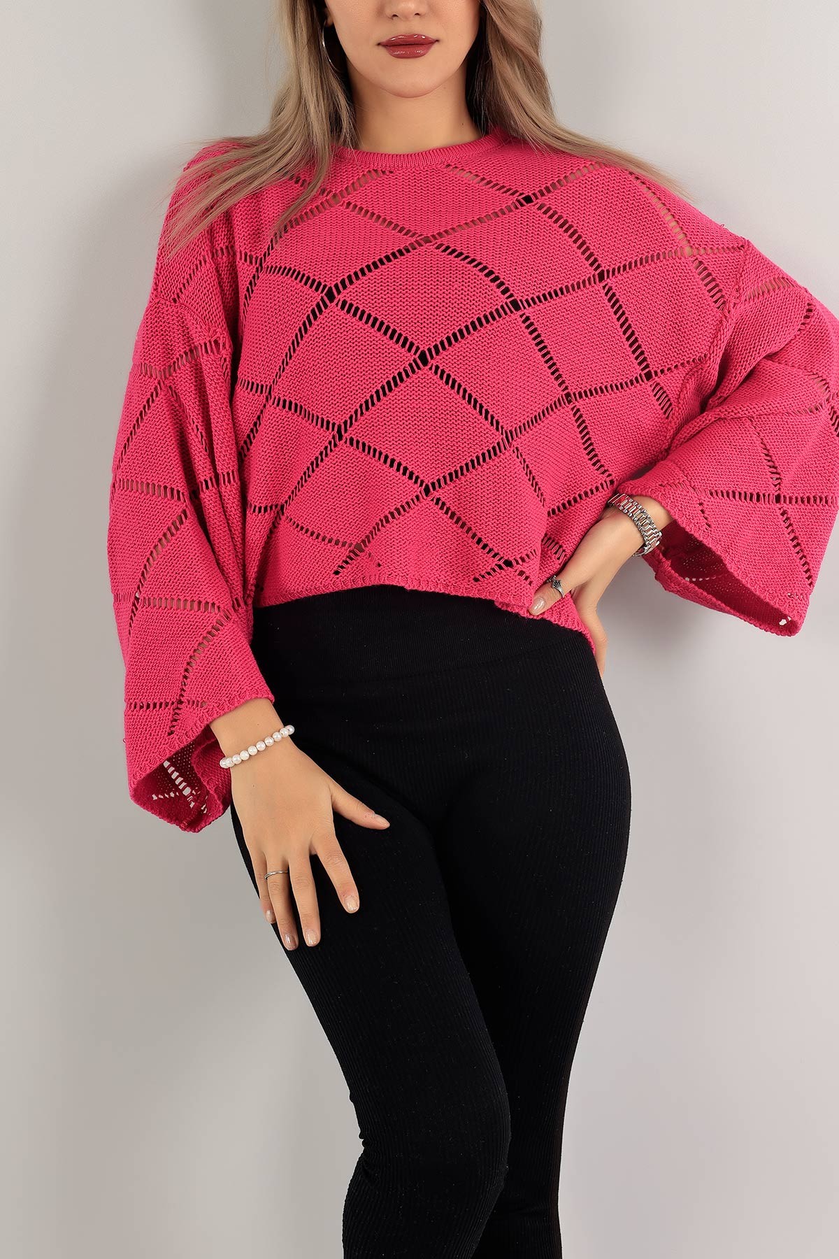 Fuşya Ajurlu Crop Triko Kazak 137482