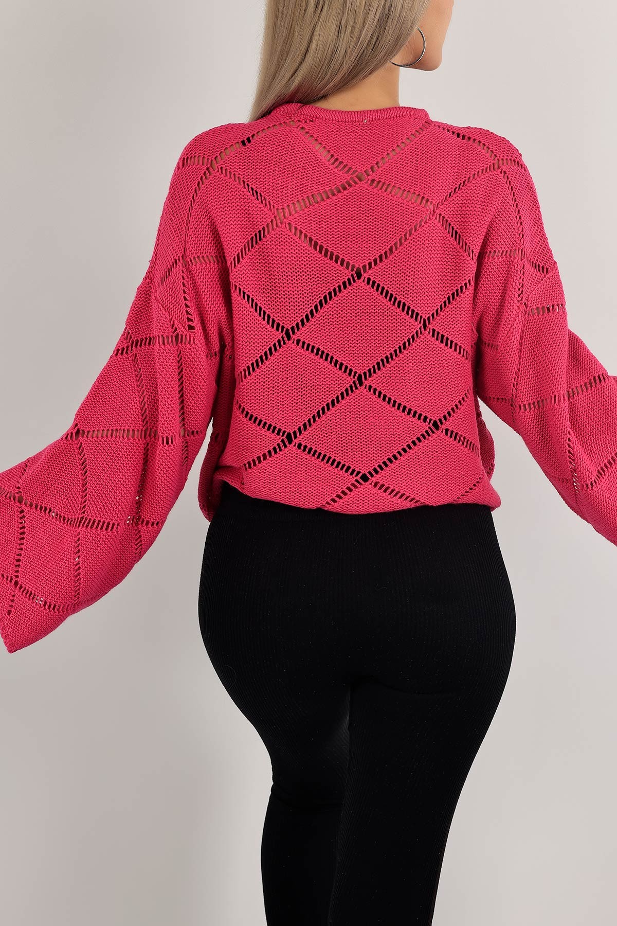 Fuşya Ajurlu Crop Triko Kazak 137482