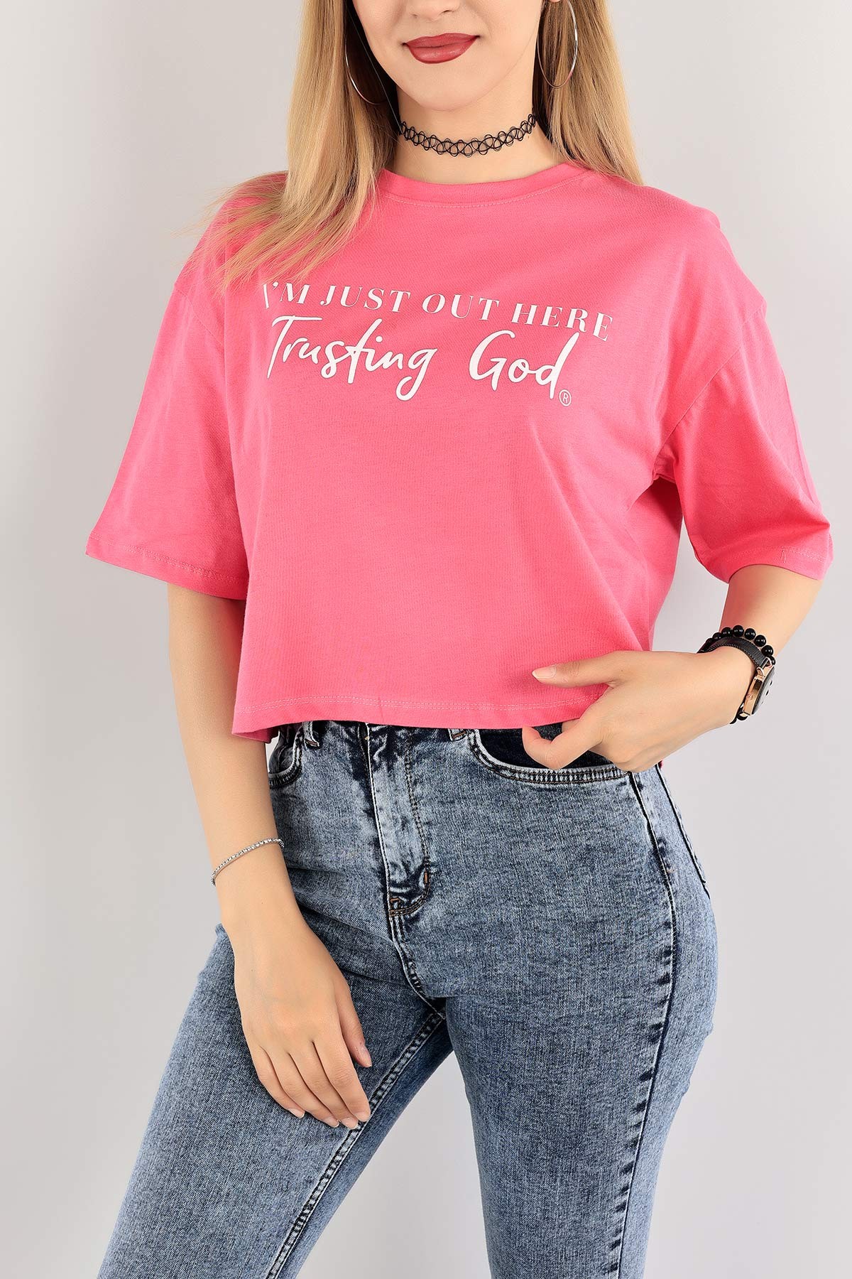 Fuşya Baskılı Crop Tişört 115294