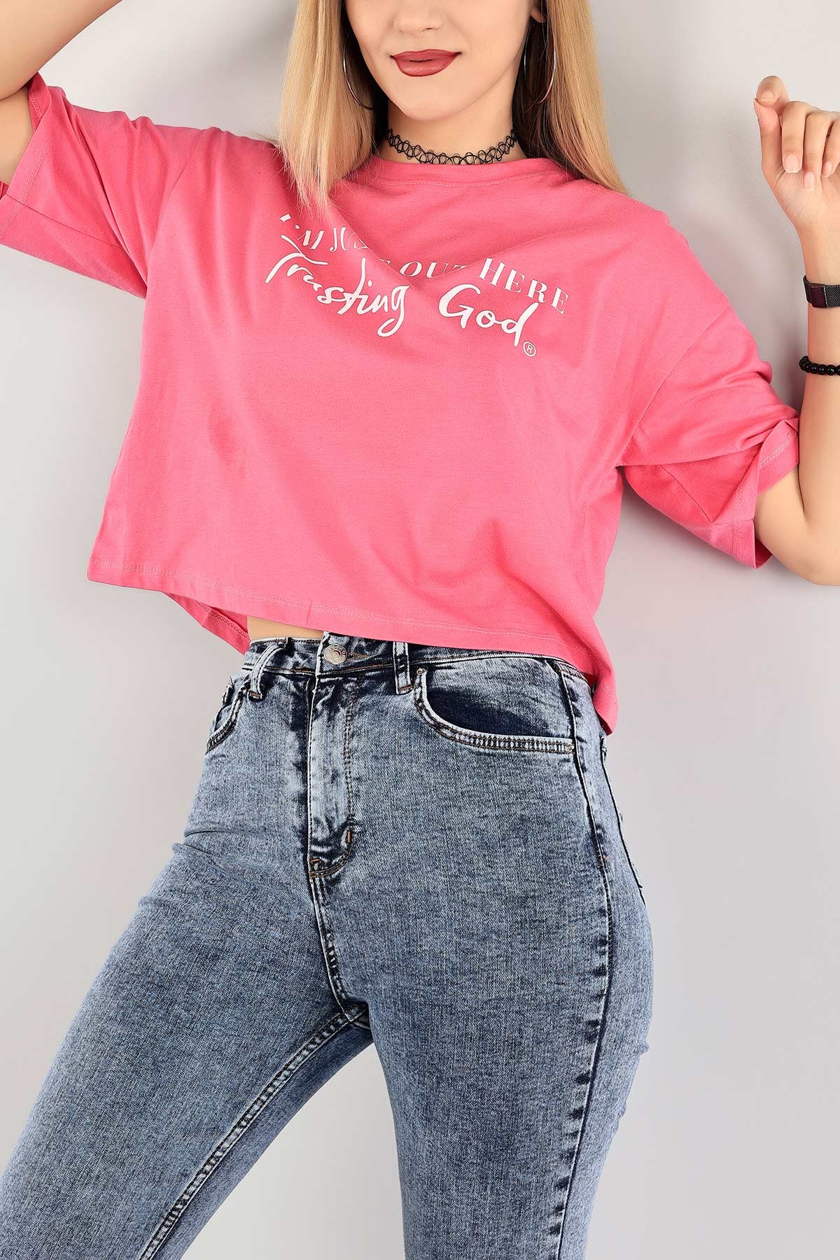 Fuşya Baskılı Crop Tişört 115294