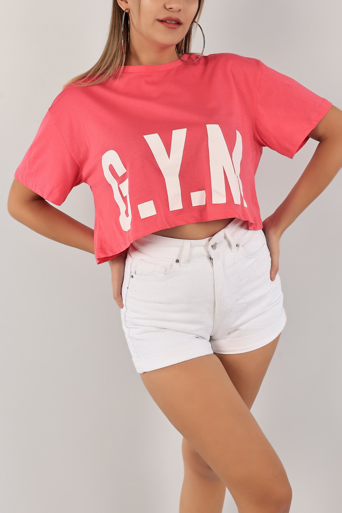 Fuşya Baskılı Crop Tişört 132029