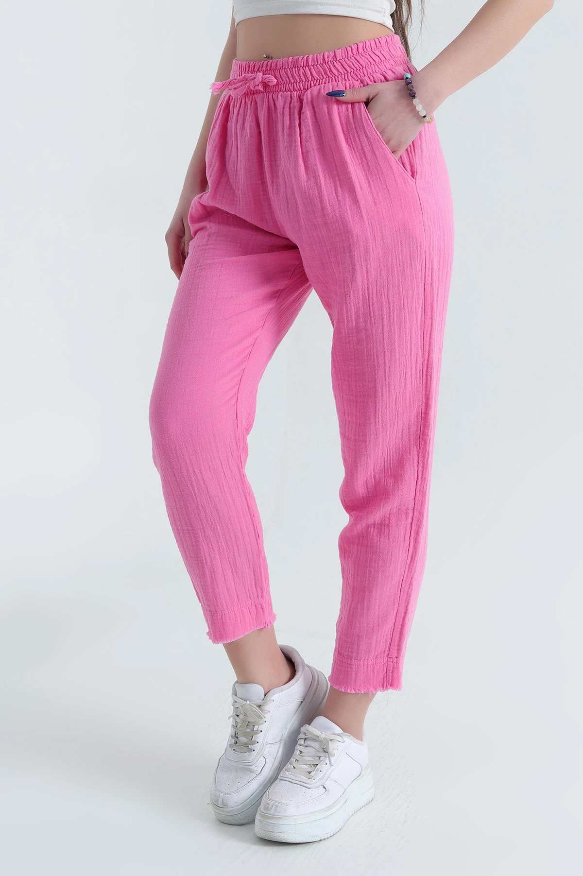 Fuşya Bel Lastikli Müslin Keten Kadın Pantolon 339874