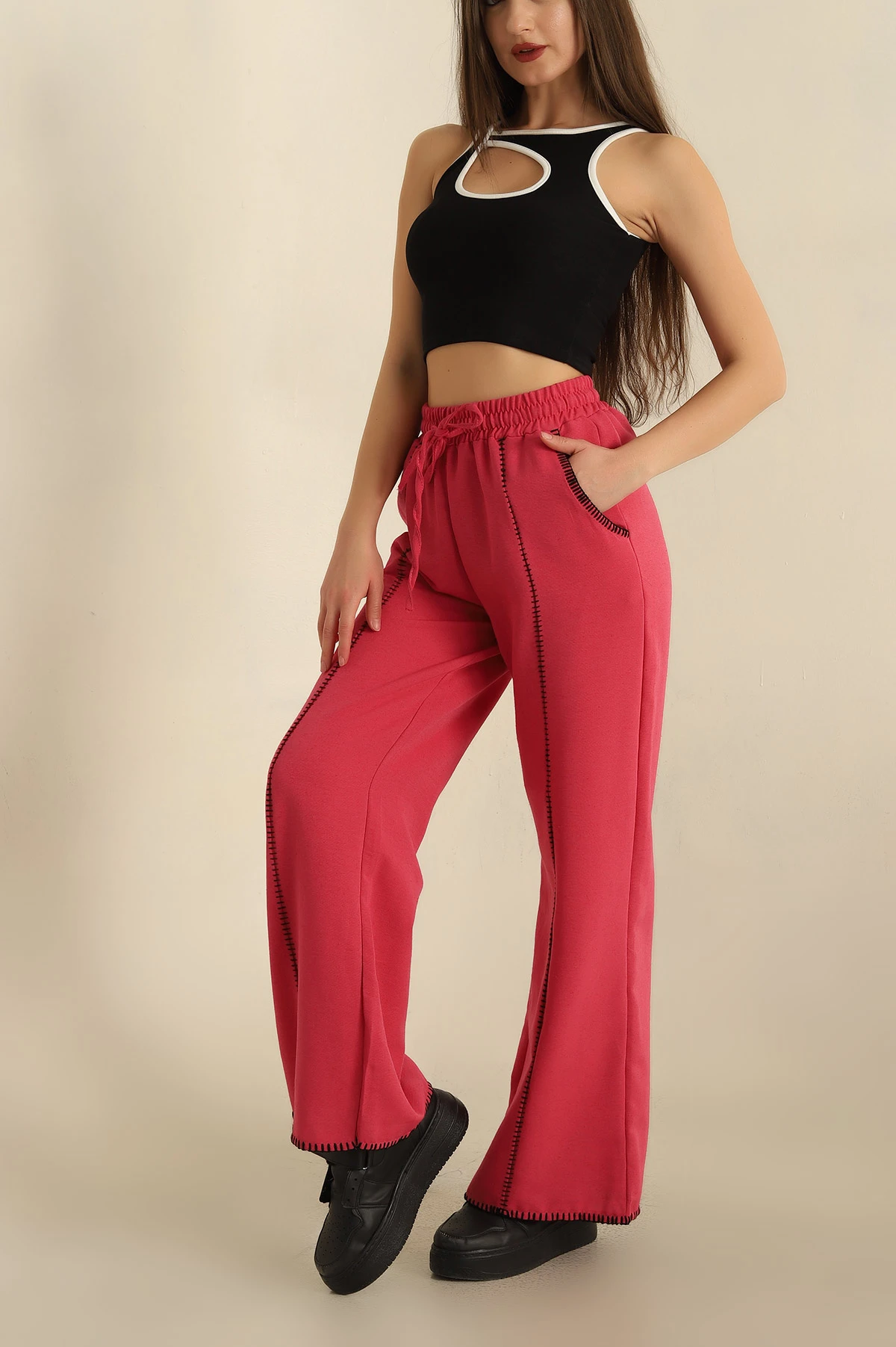 Fuşya Bel Lastikli Nakışlı Bol Paça Pantolon 270122