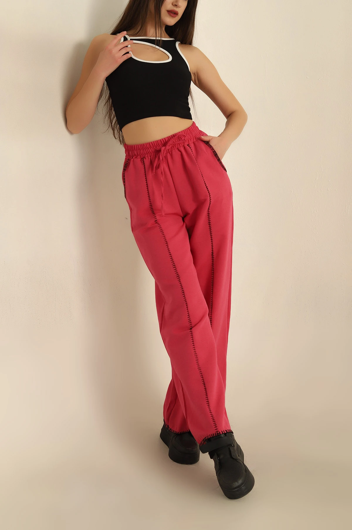 Fuşya Bel Lastikli Nakışlı Bol Paça Pantolon 270122
