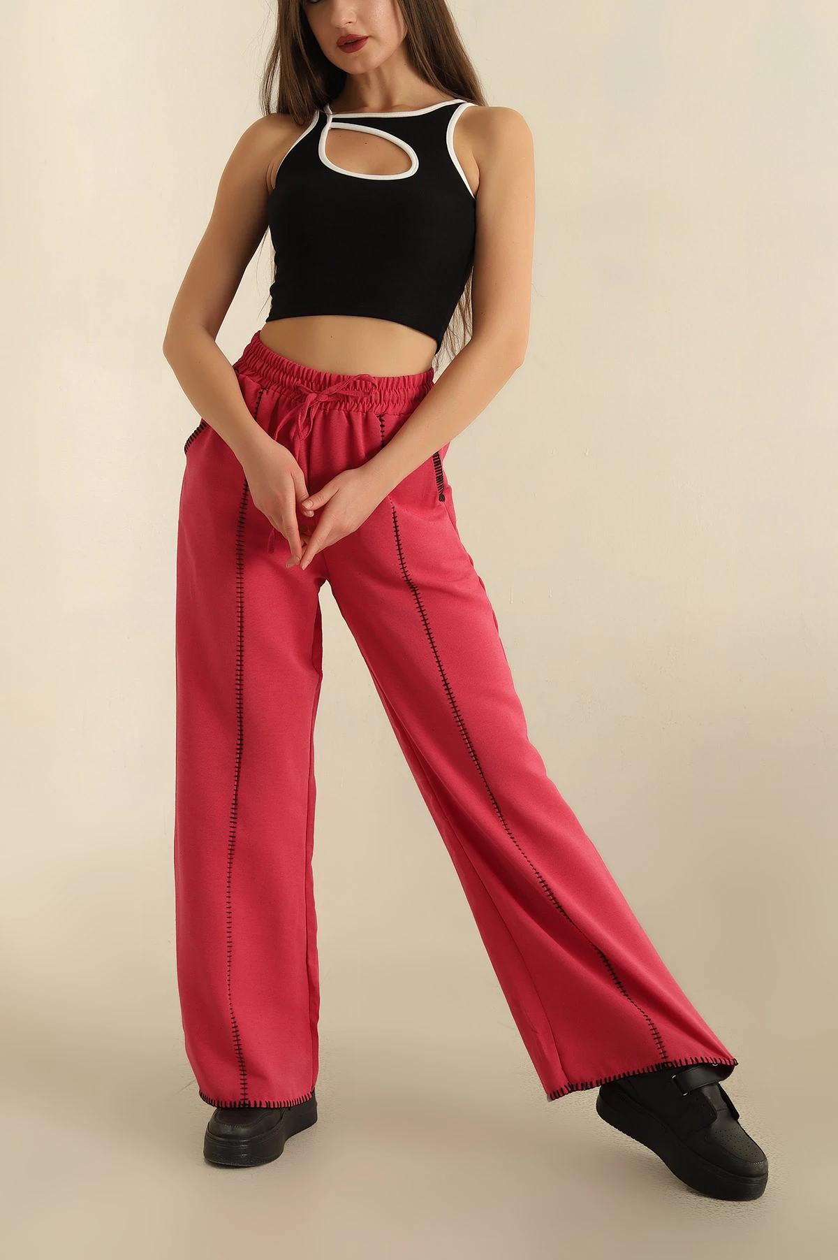 Fuşya Bel Lastikli Nakışlı Bol Paça Pantolon 270122