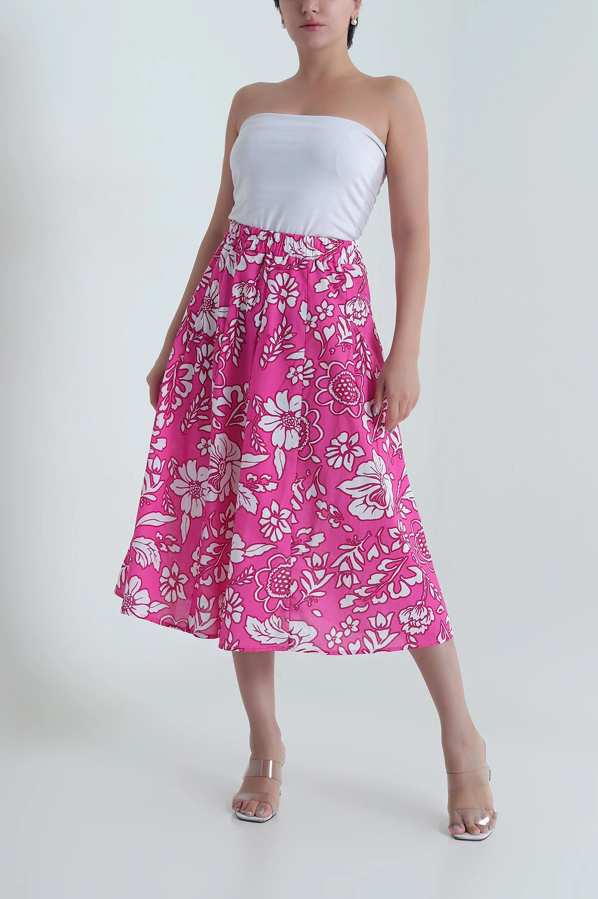 Fuşya Beli Lastikli Poplin Dokuma Kadın Etek 479860