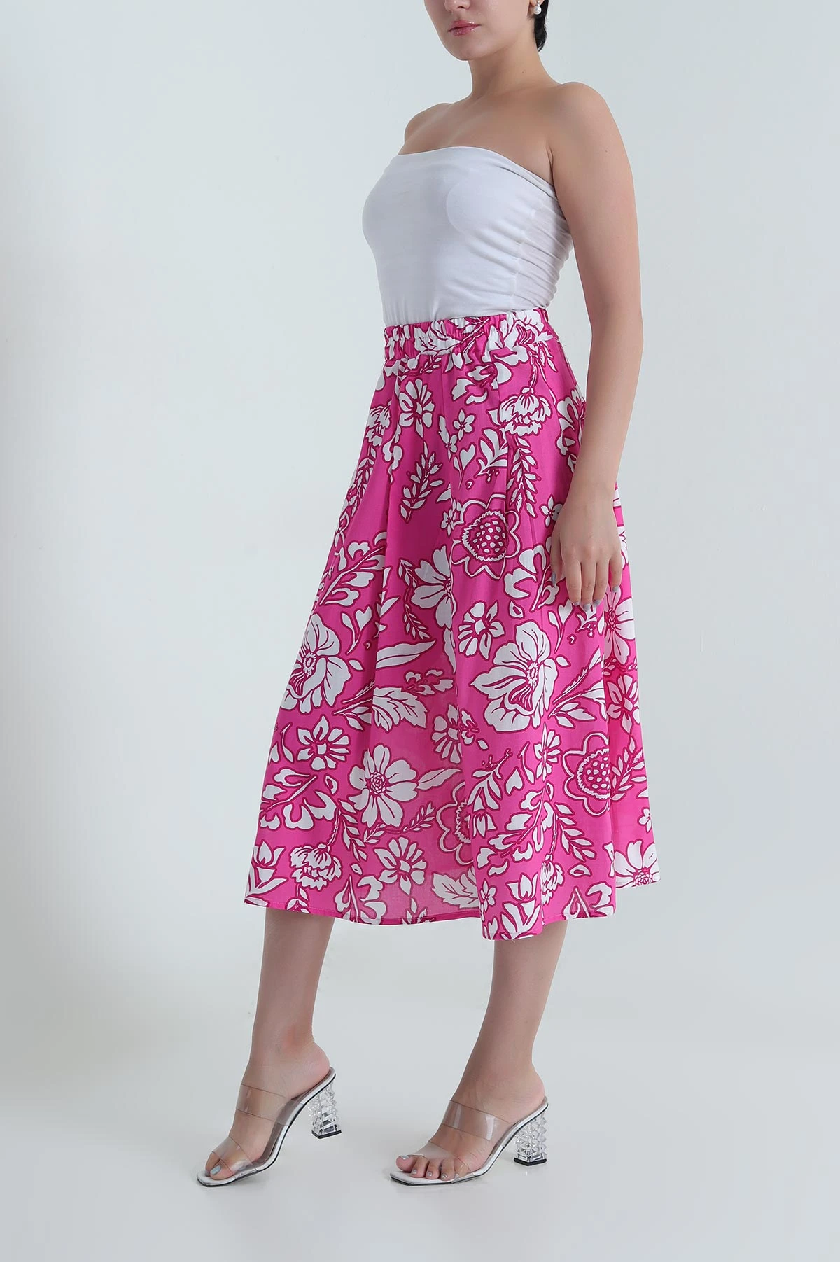 Fuşya Beli Lastikli Poplin Dokuma Kadın Etek 479860