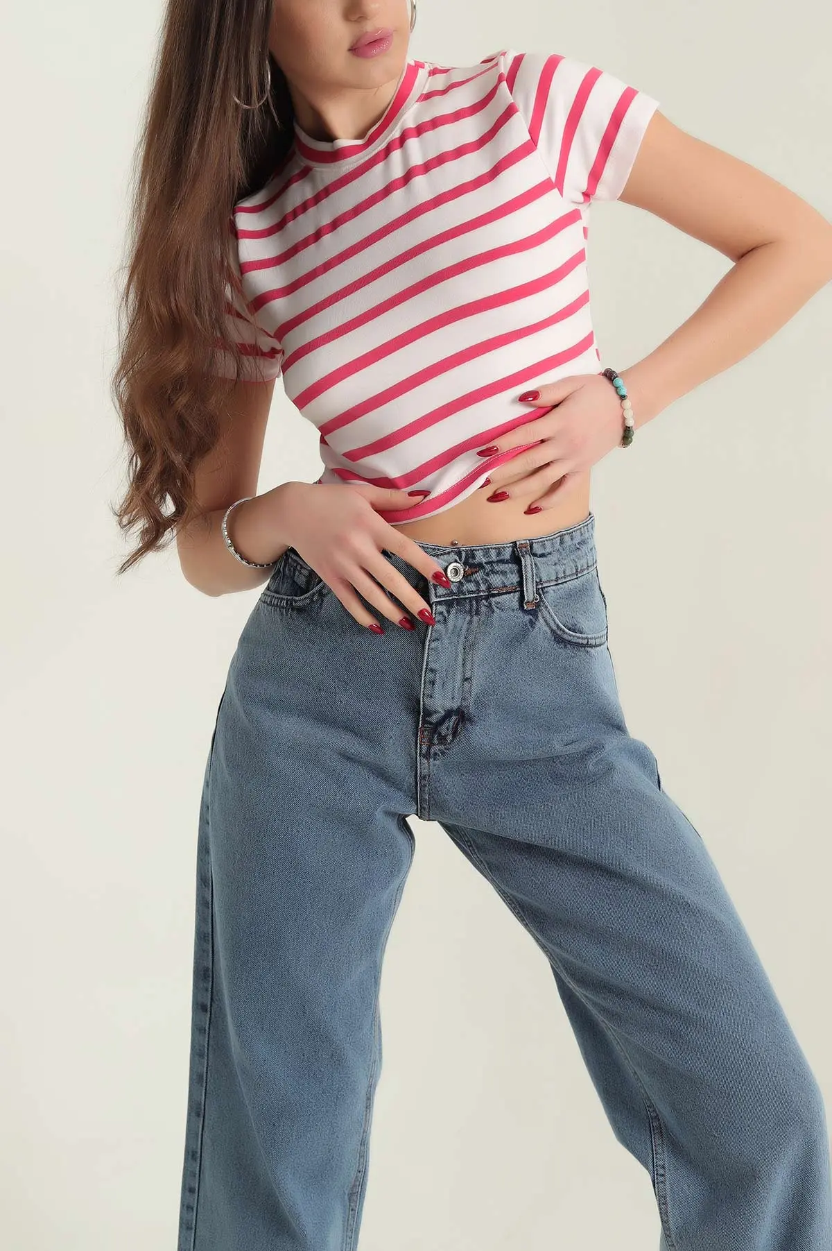 Fuşya Çizgili Likralı Crop 333899