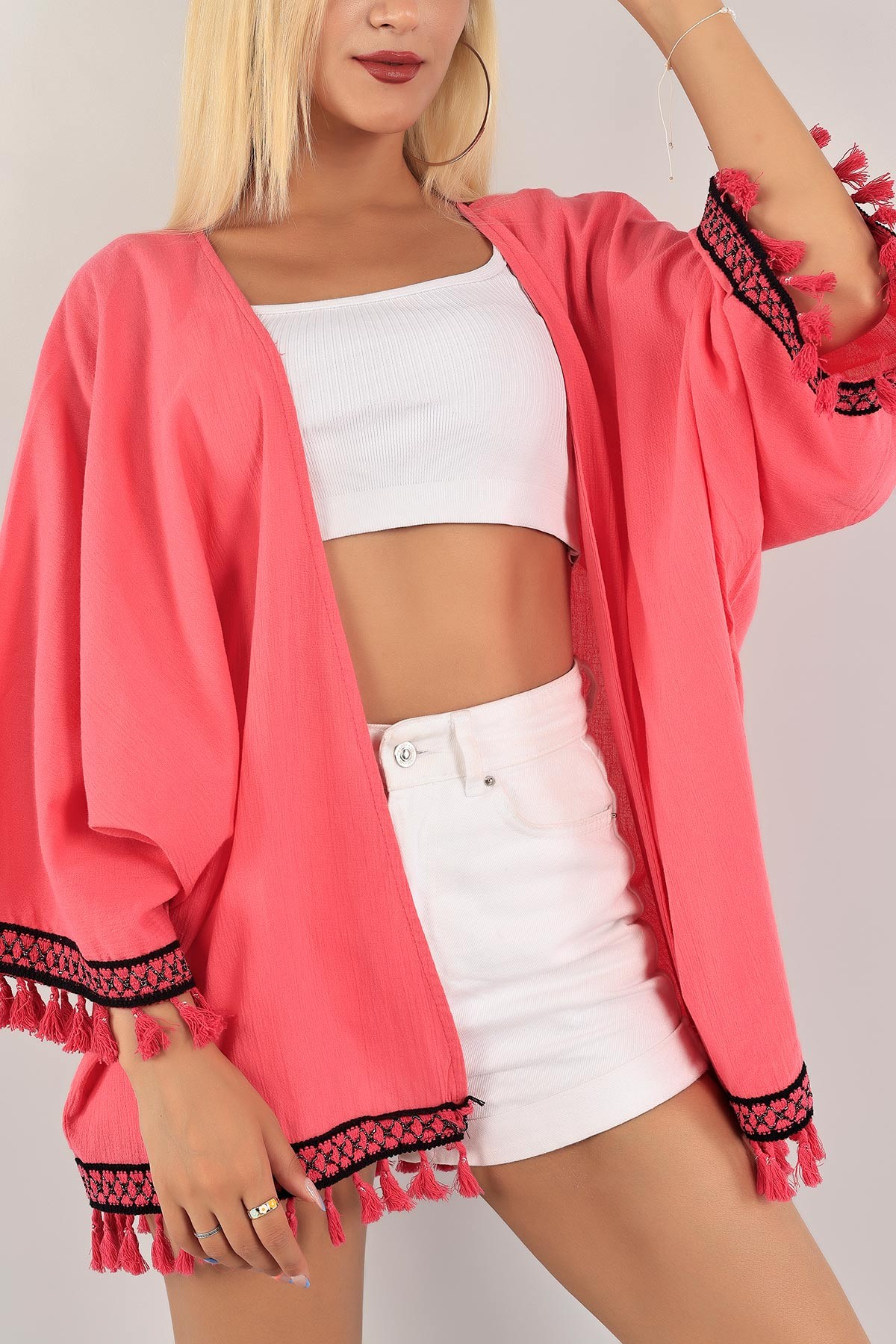 Fuşya Dantelli Keten Kimono Hırka 124770