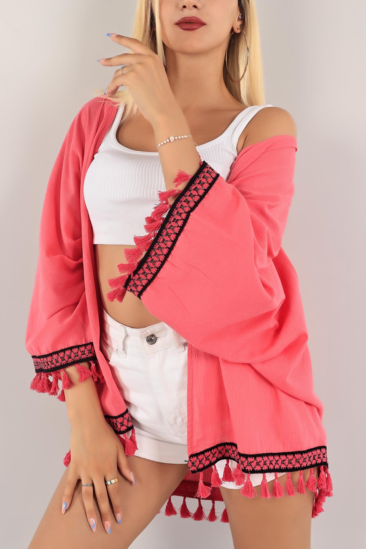 Fuşya Dantelli Keten Kimono Hırka 124770