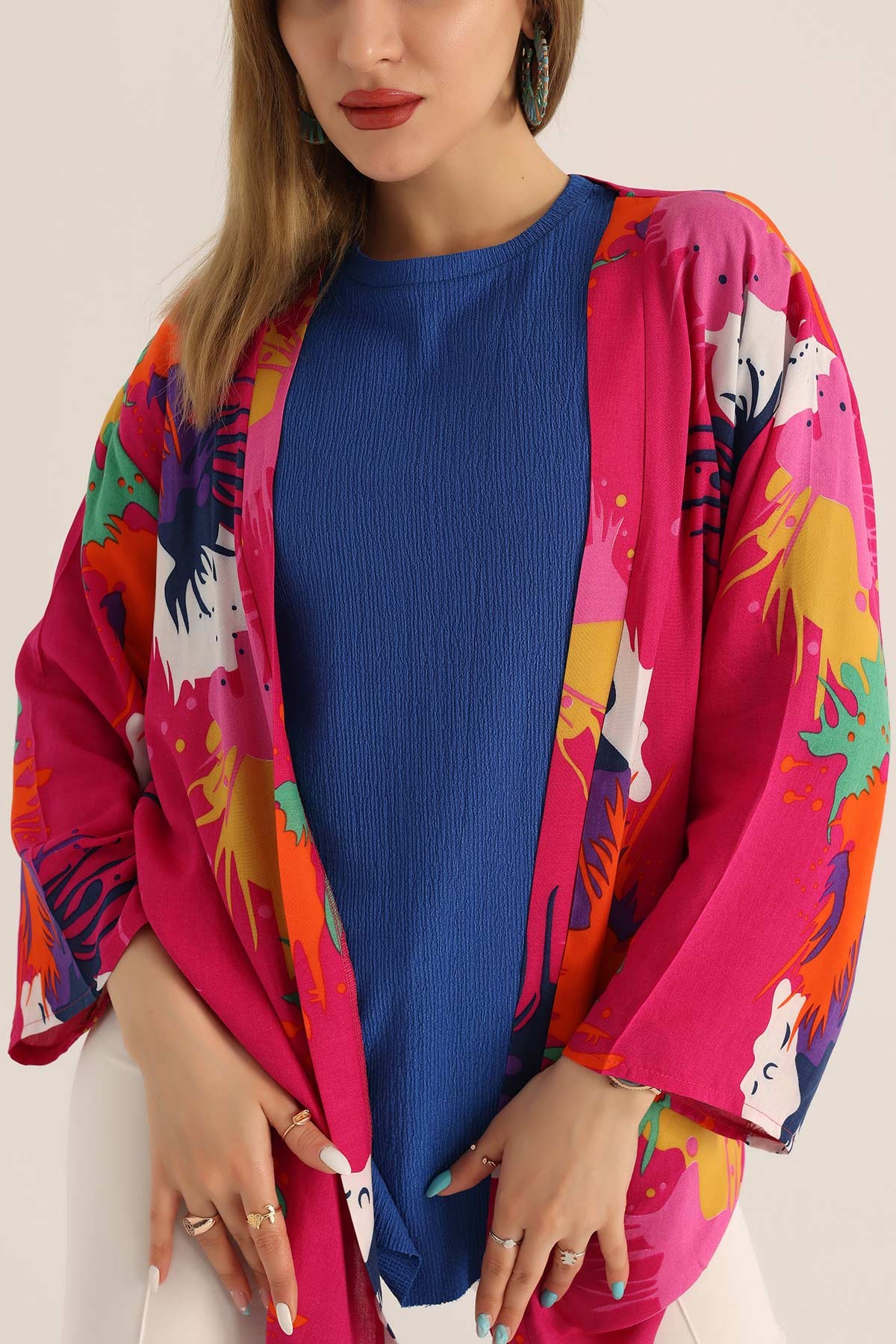 Fuşya Desenli Dokuma Viskon Kimono 173409