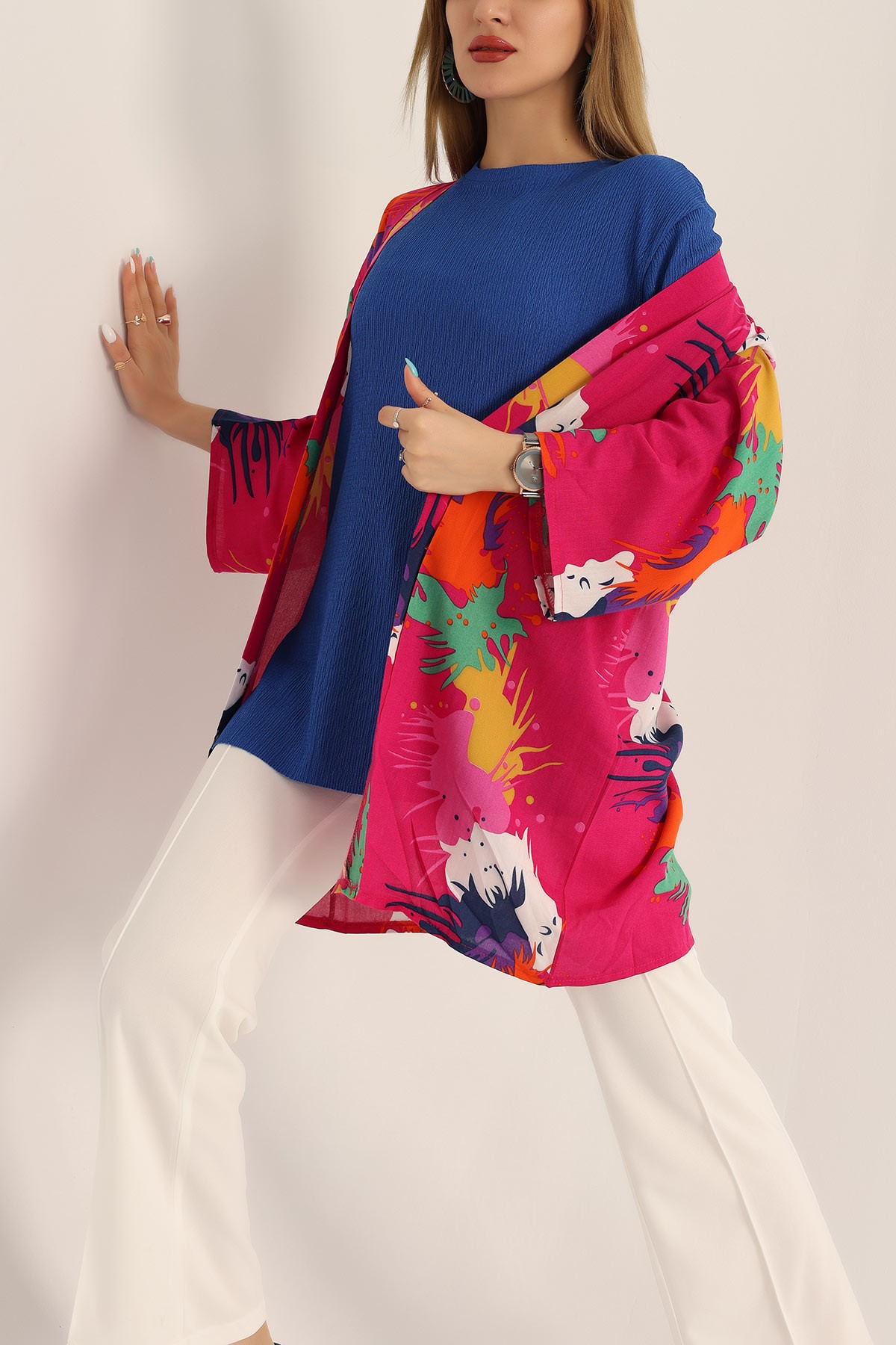 Fuşya Desenli Dokuma Viskon Kimono 173409