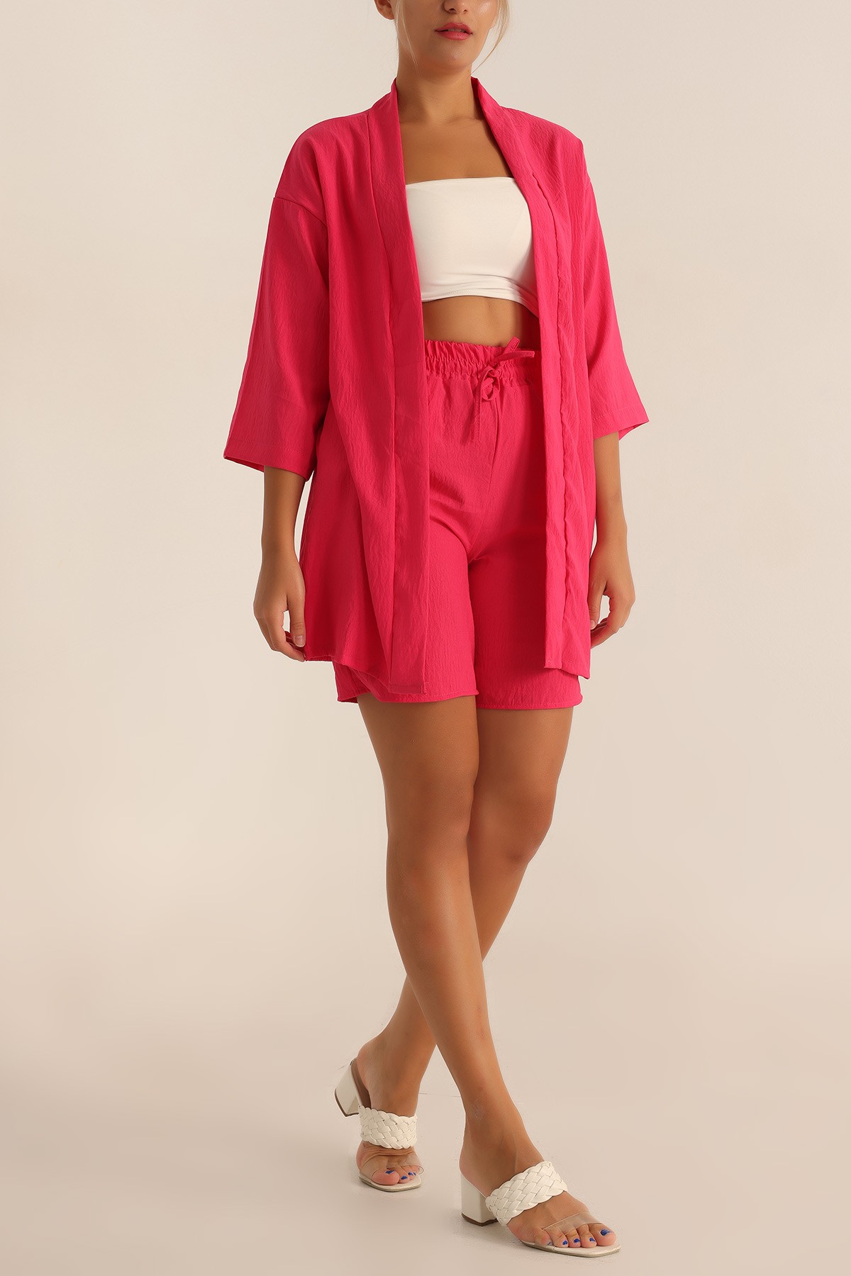 Fuşya Dokuma Şort Kimono İkili Takım 193551