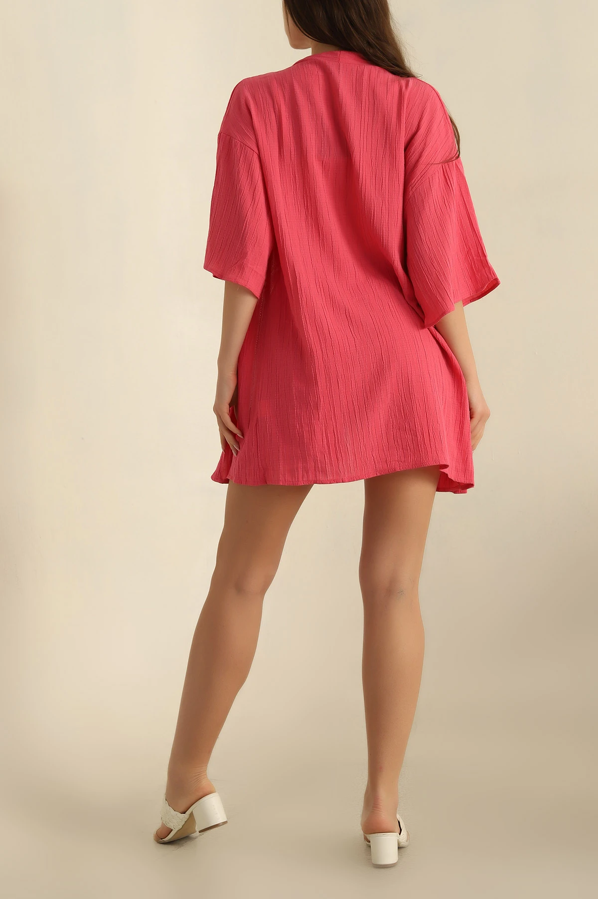 Fuşya Dokuma Şort Kimono İkili Takım 261137