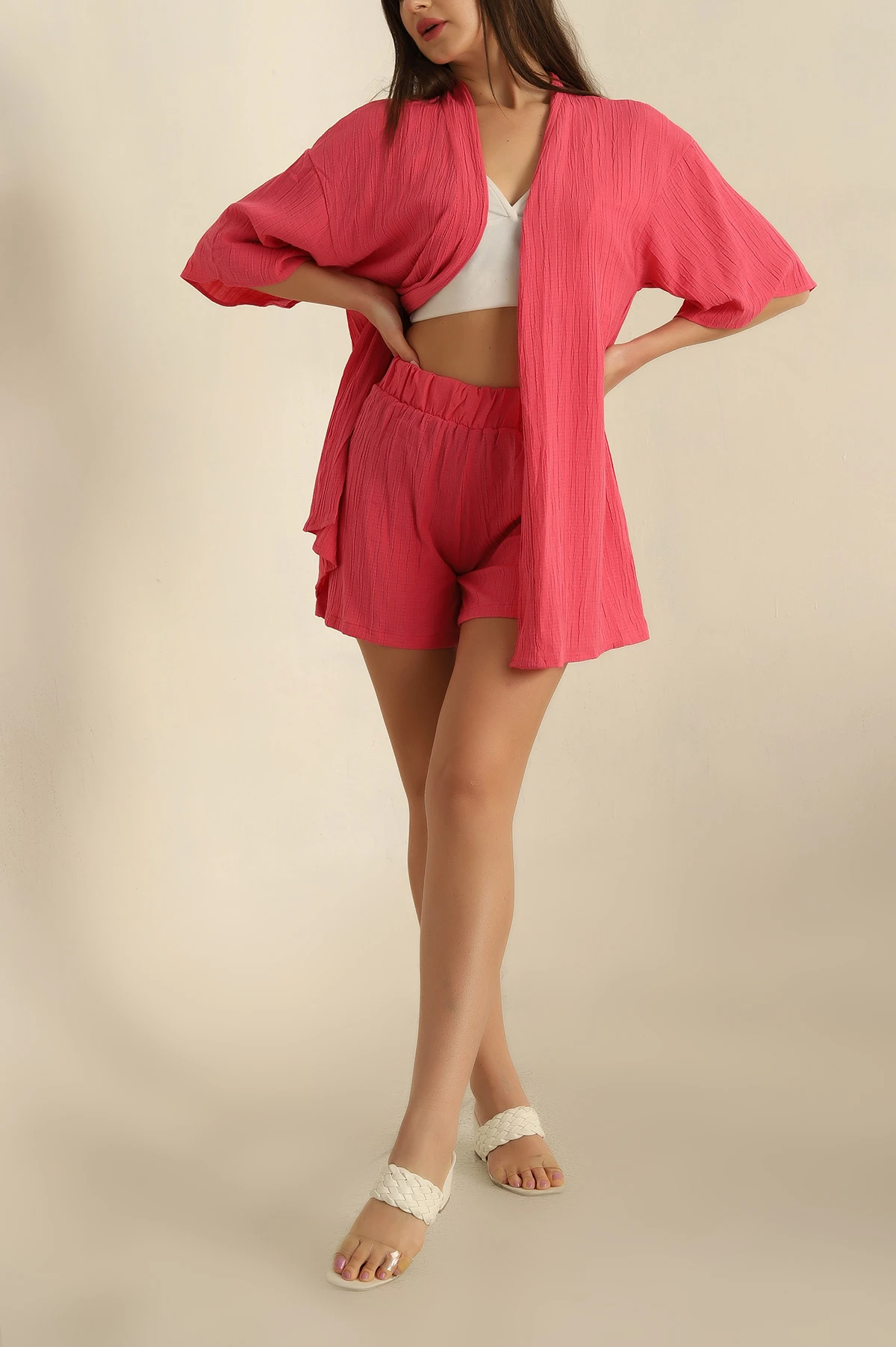 Fuşya Dokuma Şort Kimono İkili Takım 261137