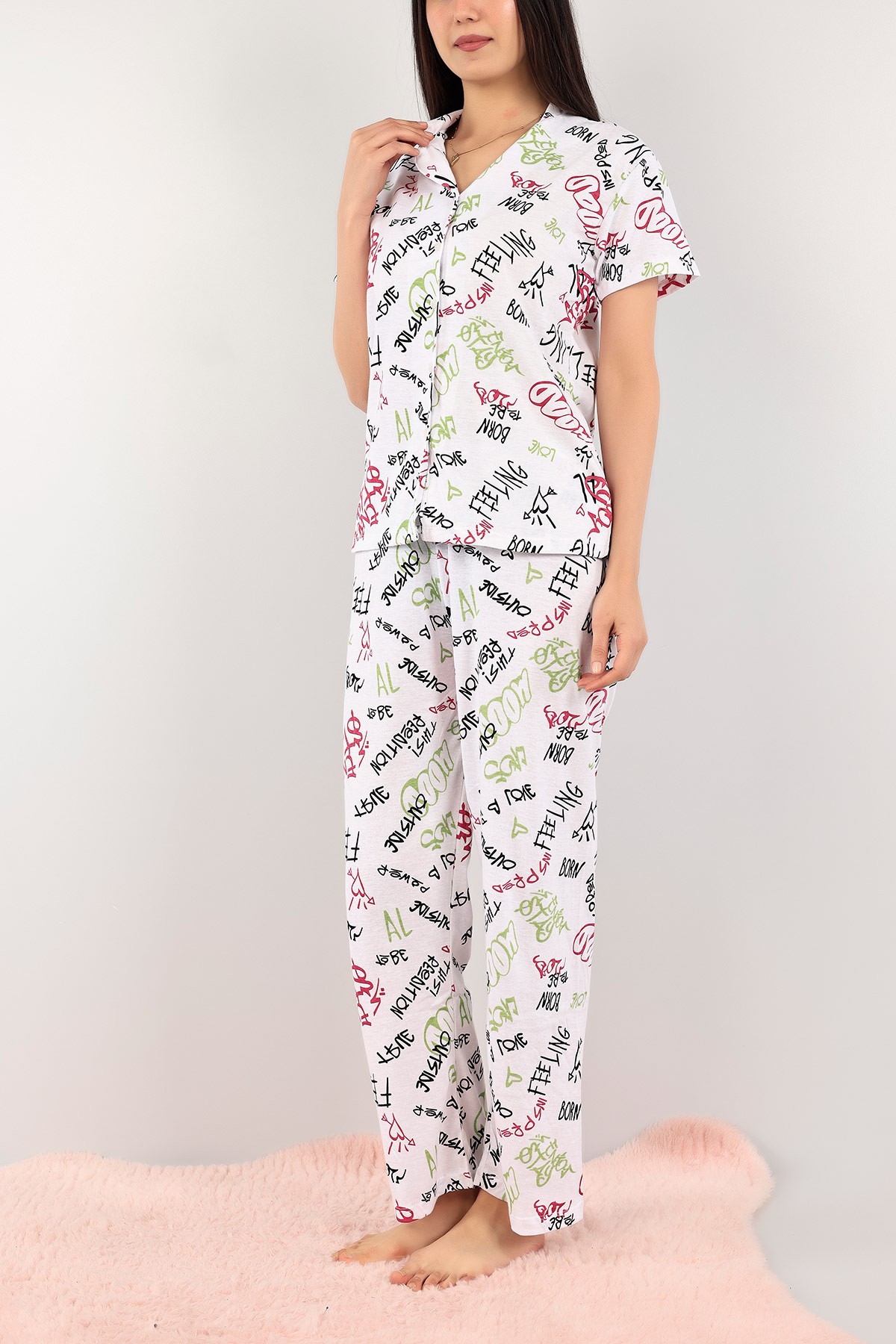 Fuşya Düğmeli Desenli Bayan Pijama Takımı 110201